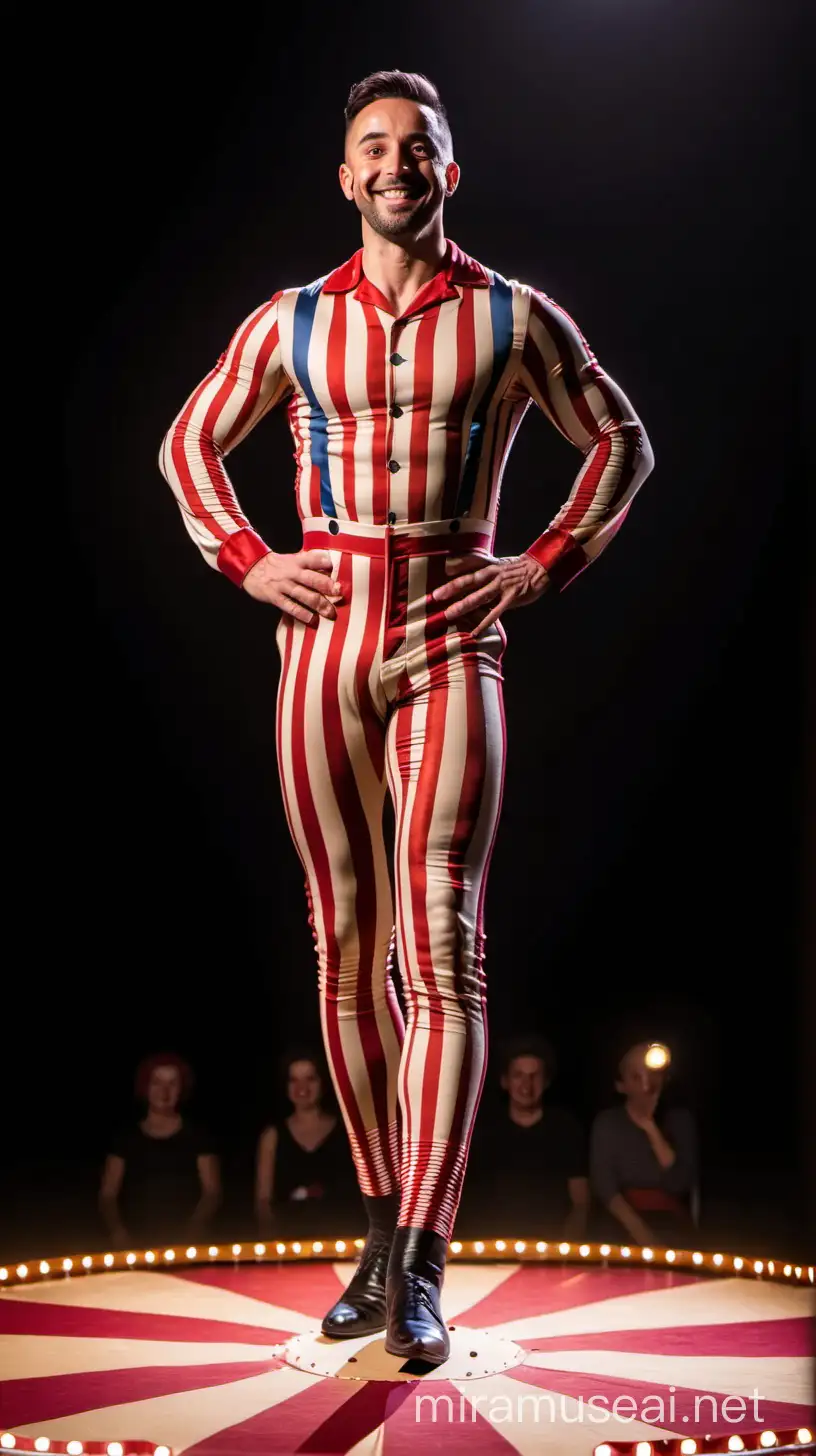 Smiling Circus Acrobat in Striped Jumpsuit Performing High Above Cheering Audience