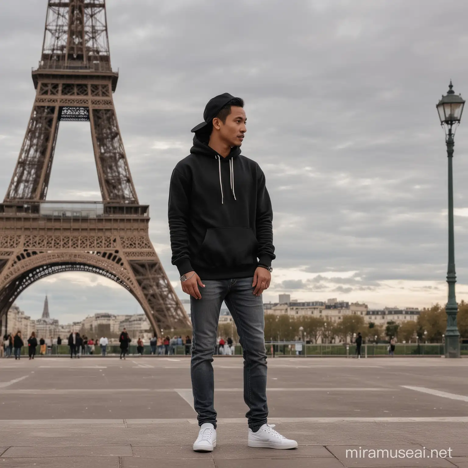 a 30 year old Indonesian man, wearing a black hoodie sweater, jeans, white and black sneakers, long wavy hair, standing posing, in front of the Paris Eiffel tower, Paris Eiffel tower background.detail.Hd.