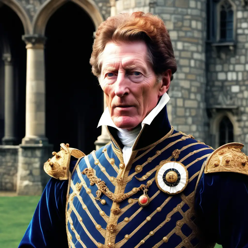 A color profile photo of a Robert Devereux, 2nd Earl of Essex, sneering and arrogant, in front of a castle, set in the year 1600