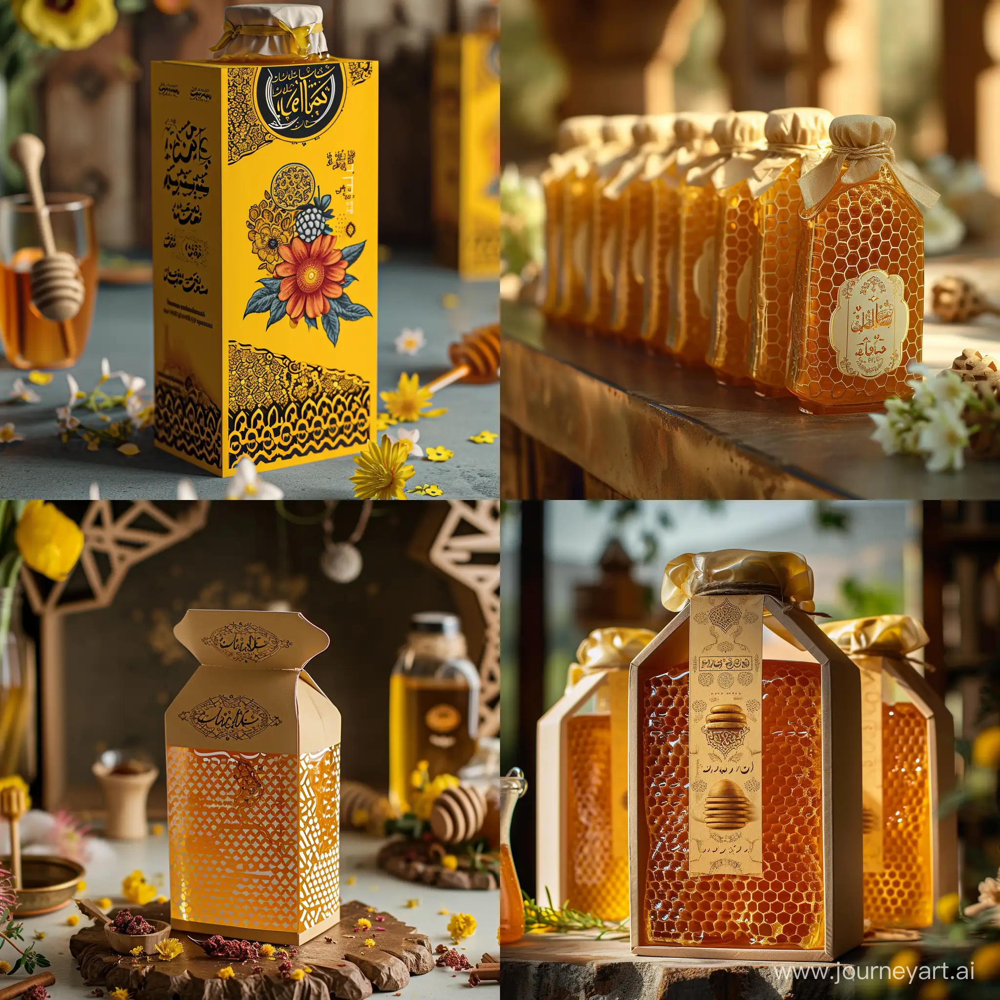 Give me the most creative packaging of honey. use Persian design elements.