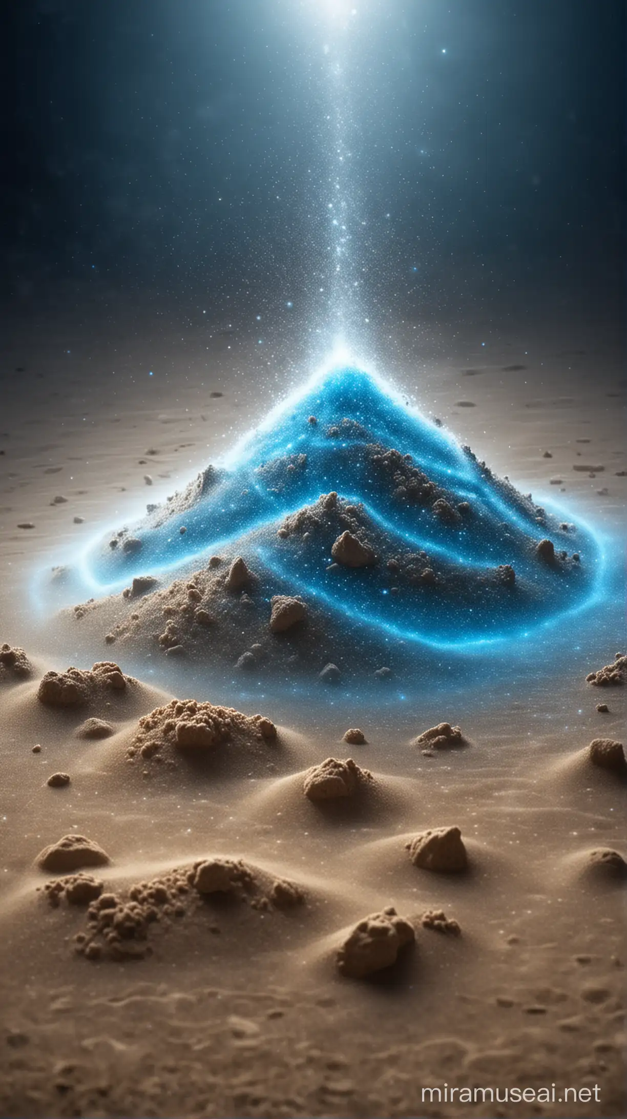 Mystical Sand Pile with Enchanting Blue Mist and Glimmering Lights