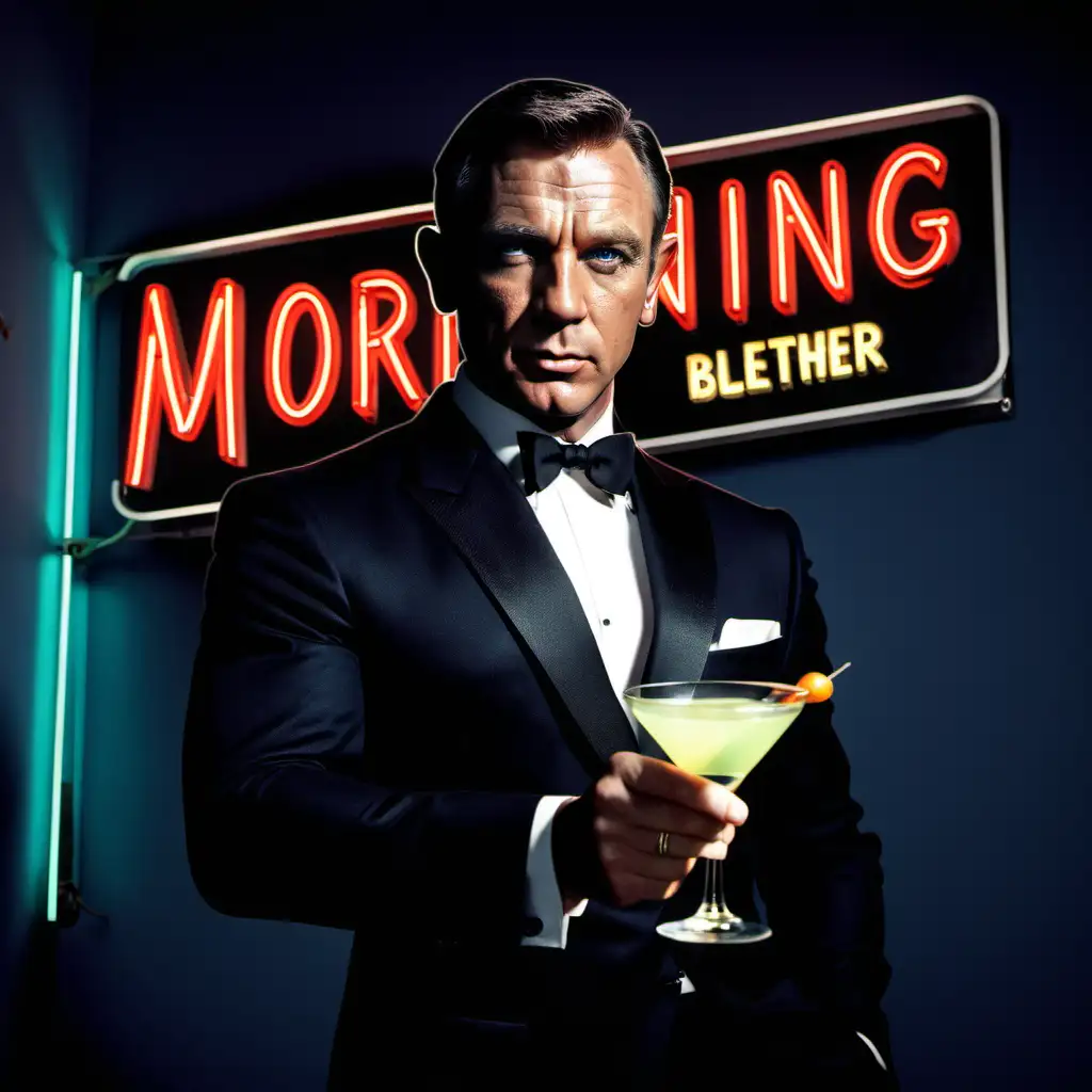 James Bond in classic pose holding a martini under a neon sign that says "Morning Blether"