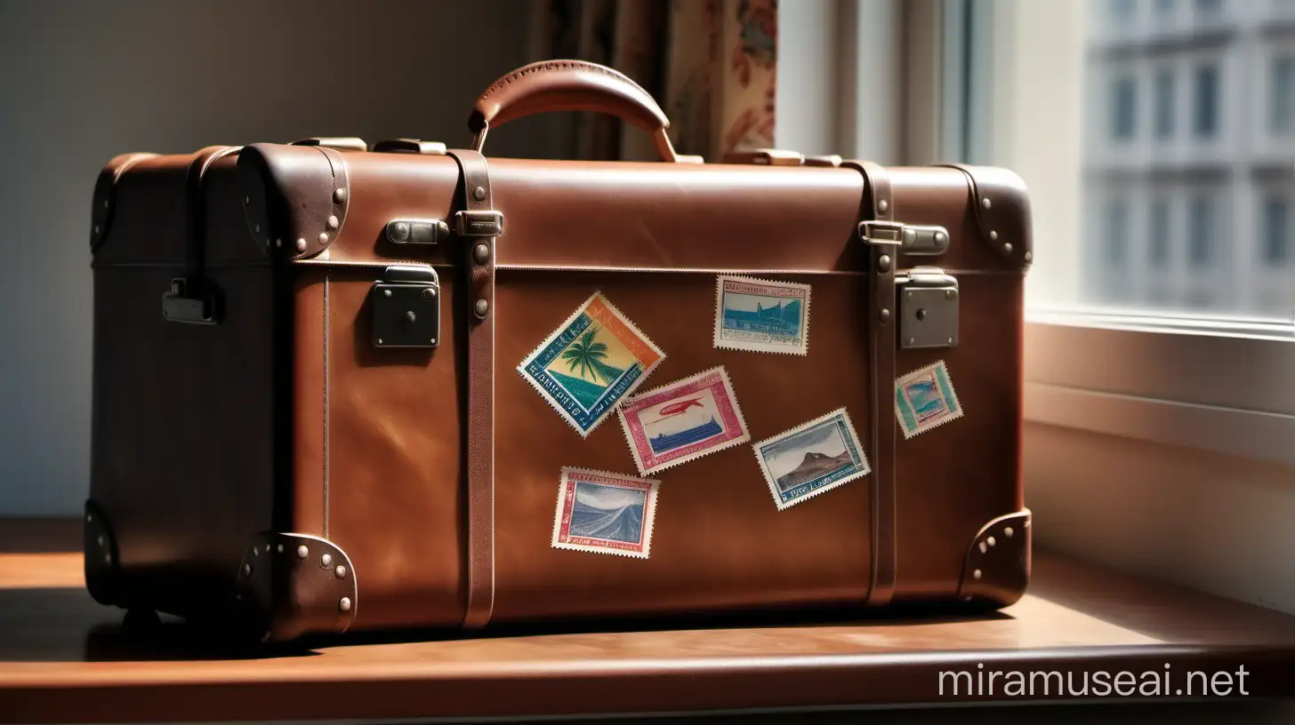 una maleta para viajar en cuero marron con estampillas de colores, luz natural desde una ventana, imagen ultra real, fotográfica 4k alta calidad con detalles nítidos. 
