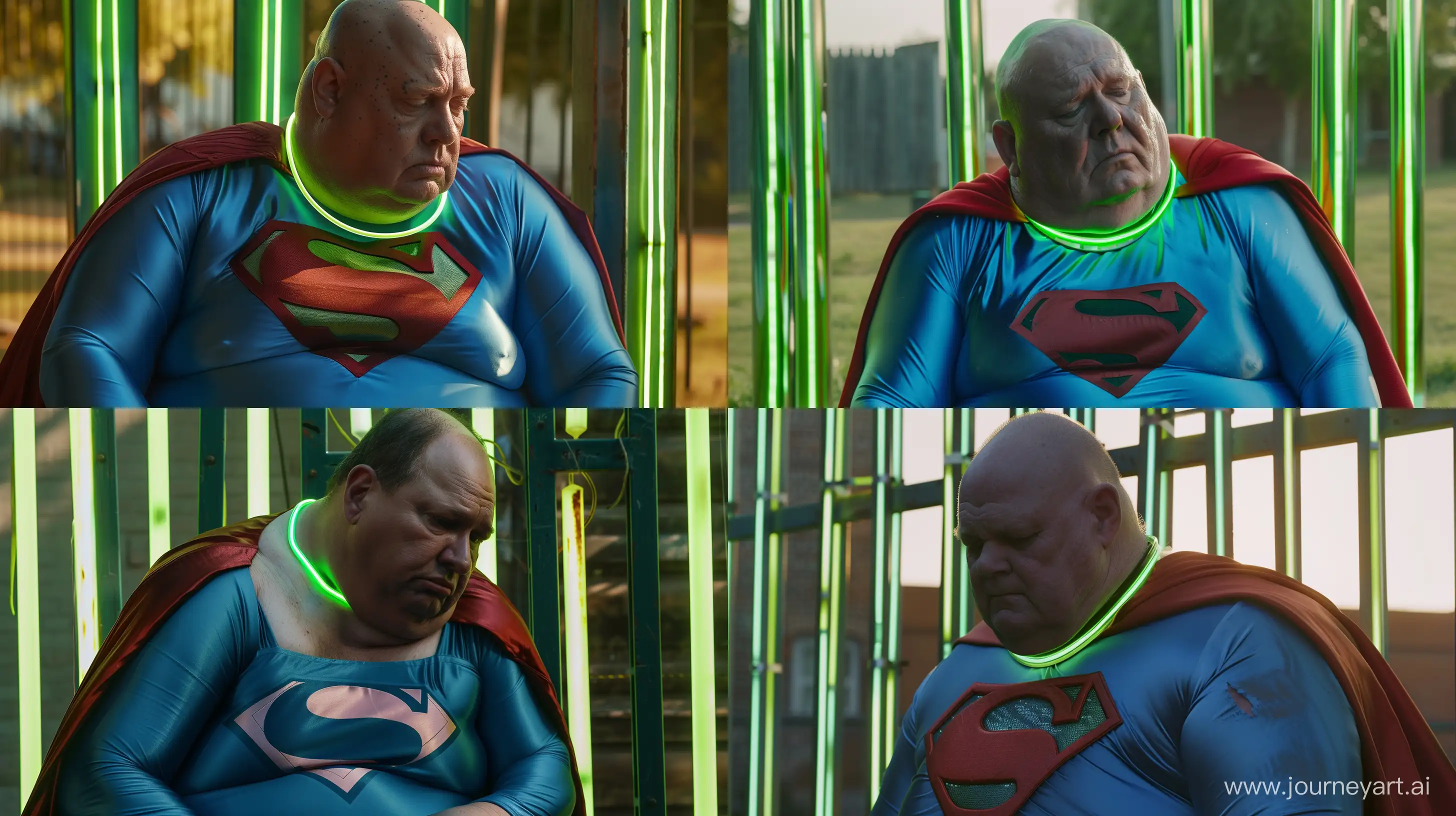 Extreme close-up shot photo of a fat man aged 60 wearing a silk blue superman tight costume with a large red cape and a tight green glowing neon dog collar looking down. Sitting against green glowing green neon bars. Outside. Daylight. --style raw --ar 16:9