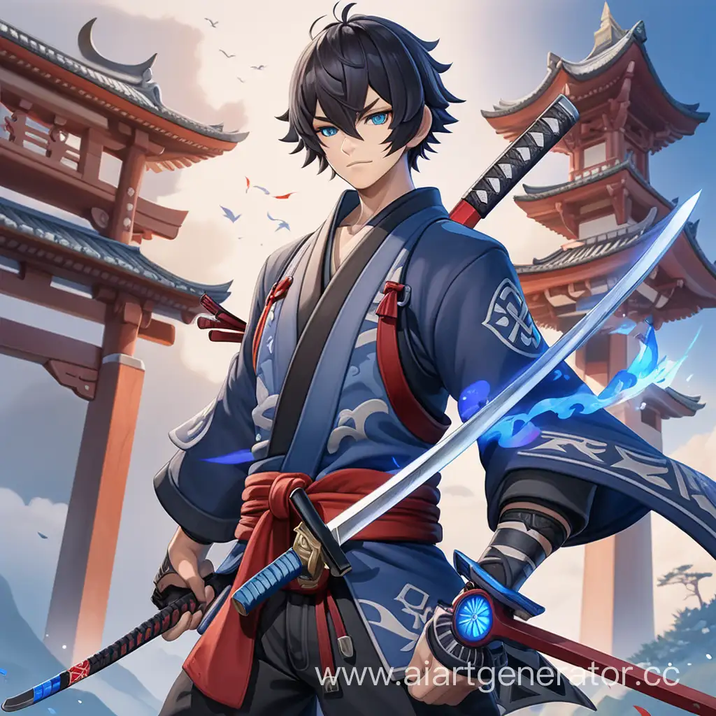 Wanderer which trys to find his place in the world by traveling. Has black short hair with red highlight, has a katana and one short knife. Genshin Impact Style. Personality is Introspective Reserved Minimalistic Searching Unpredictable. Blue Eyes and highlights

