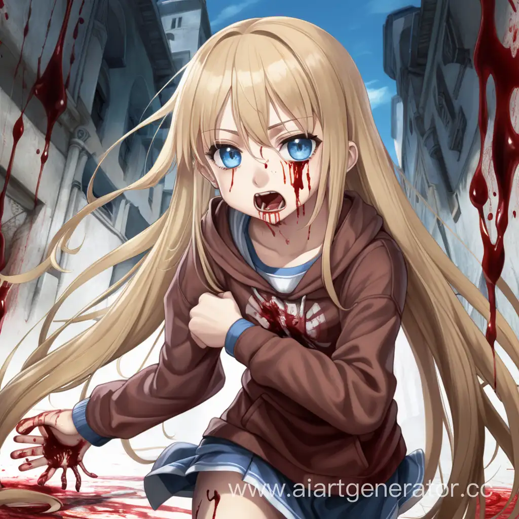 young, blonde hair, long hair, low height, loli, The adventurer, Blue eyes, human, brown clothes, Hands behind your back, Blood, all covered in blood, Rage, insane, attack

