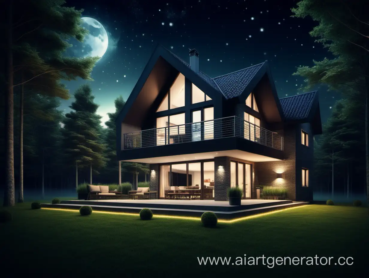 HighTech-European-Forest-Cottage-at-Night-with-Magical-Lighting
