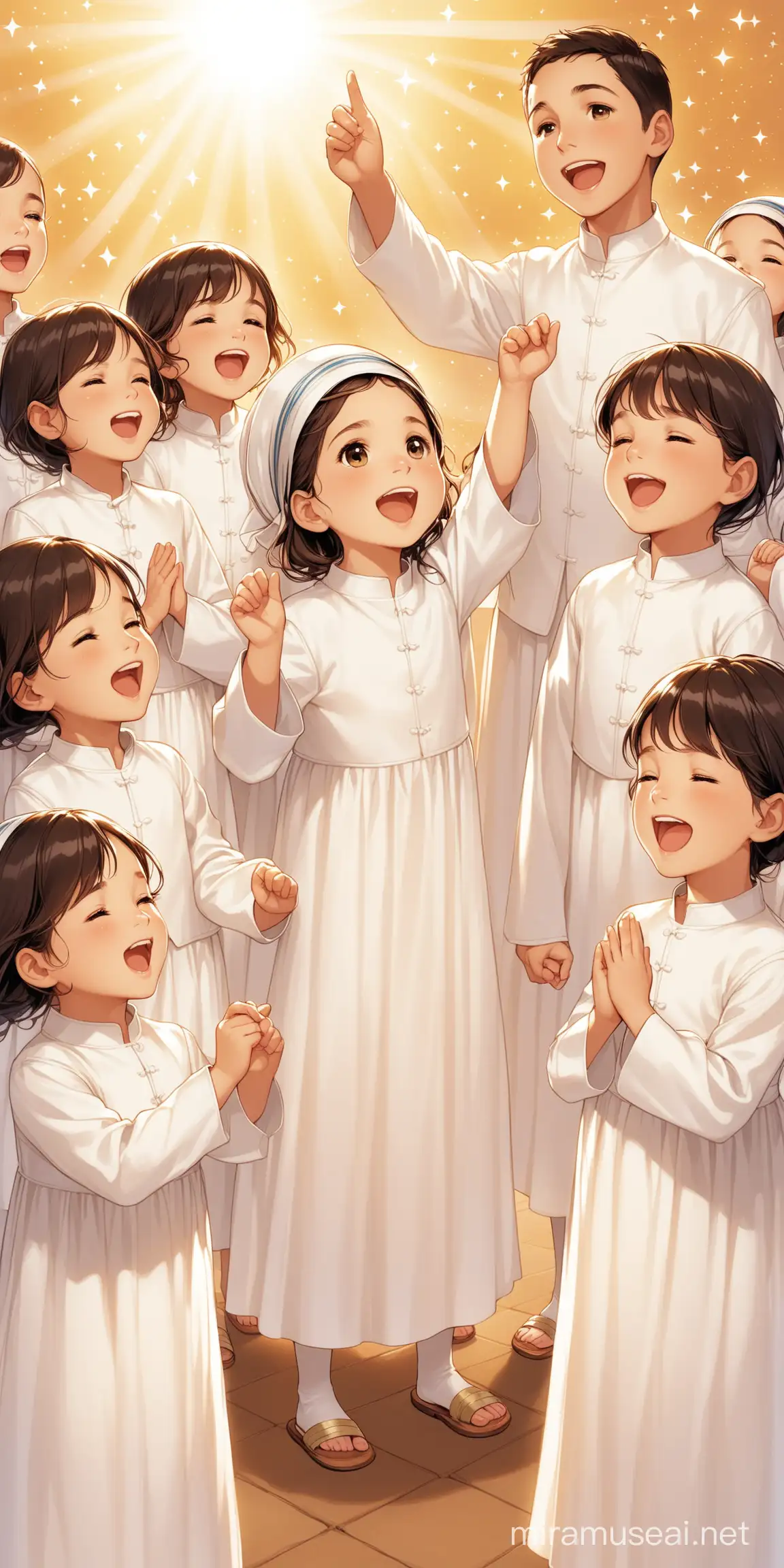 Children Singing Freedom Songs in White Outfits for Passover Celebration