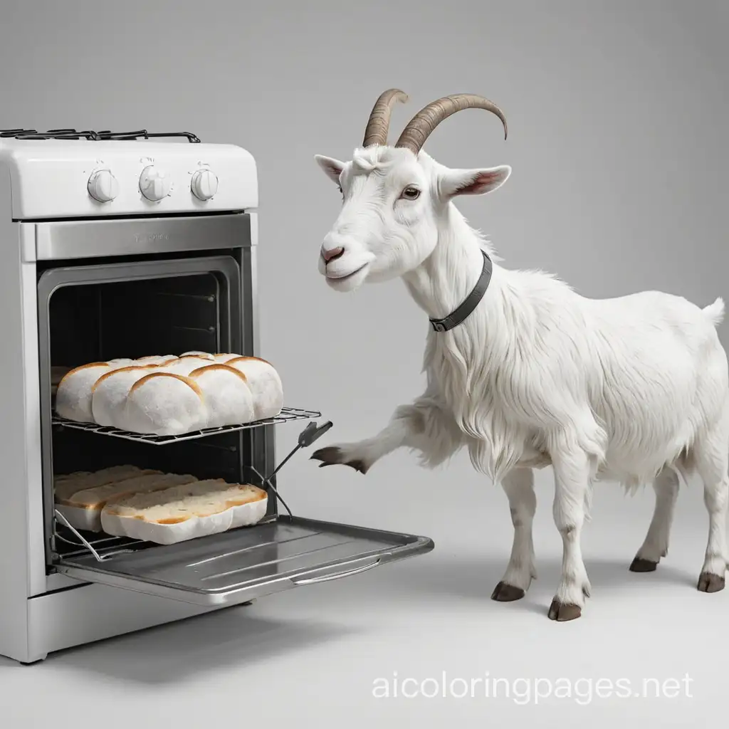 goat taking loaf of bread out of oven, Coloring Page, black and white, line art, white background, Simplicity, Ample White Space. The background of the coloring page is plain white to make it easy for young children to color within the lines. The outlines of all the subjects are easy to distinguish, making it simple for kids to color without too much difficulty