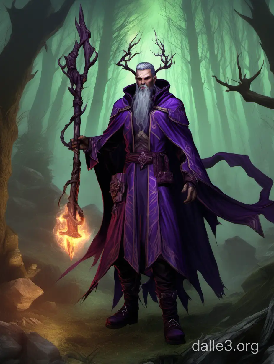 male dhmpir sorcerer, pathfinder wrath of the righteous style, arcane grim forest in the background