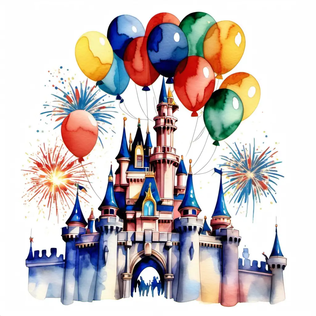 I need a watercolor graphic illustration designed for a white tshirt. trip to disneyland in 2024, sleeping beauty castle, mickey, red, blue, green and yellow balloons, fireworks, edges must be sharp or fade to white