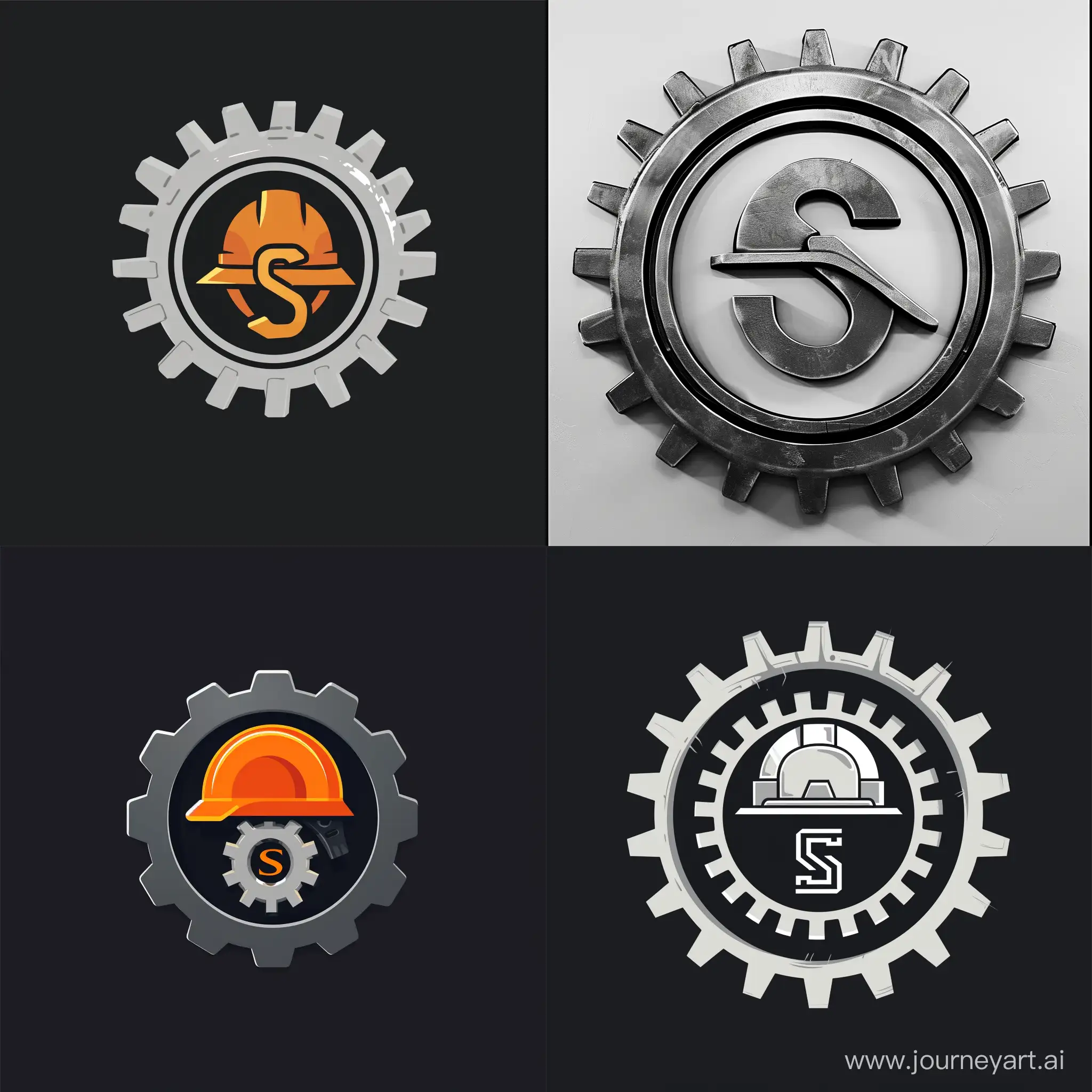 Logo, art. In the centre is a gear with a construction helmet on it. In the headboard of the helmet is the letter s