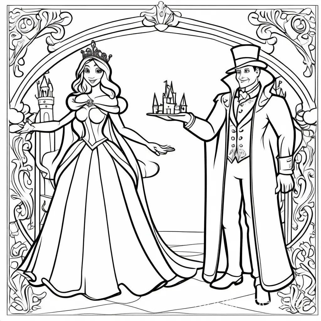 princess and her magician in the royal court, Coloring Page, black and white, line art, white background, Simplicity, Ample White Space. The background of the coloring page is plain white to make it easy for young children to color within the lines. The outlines of all the subjects are easy to distinguish, making it simple for kids to color without too much difficulty