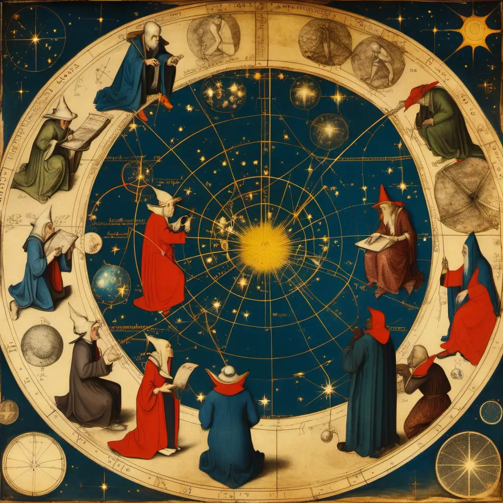 Diverse Wizards Studying Celestial Maps in Bosch Painting