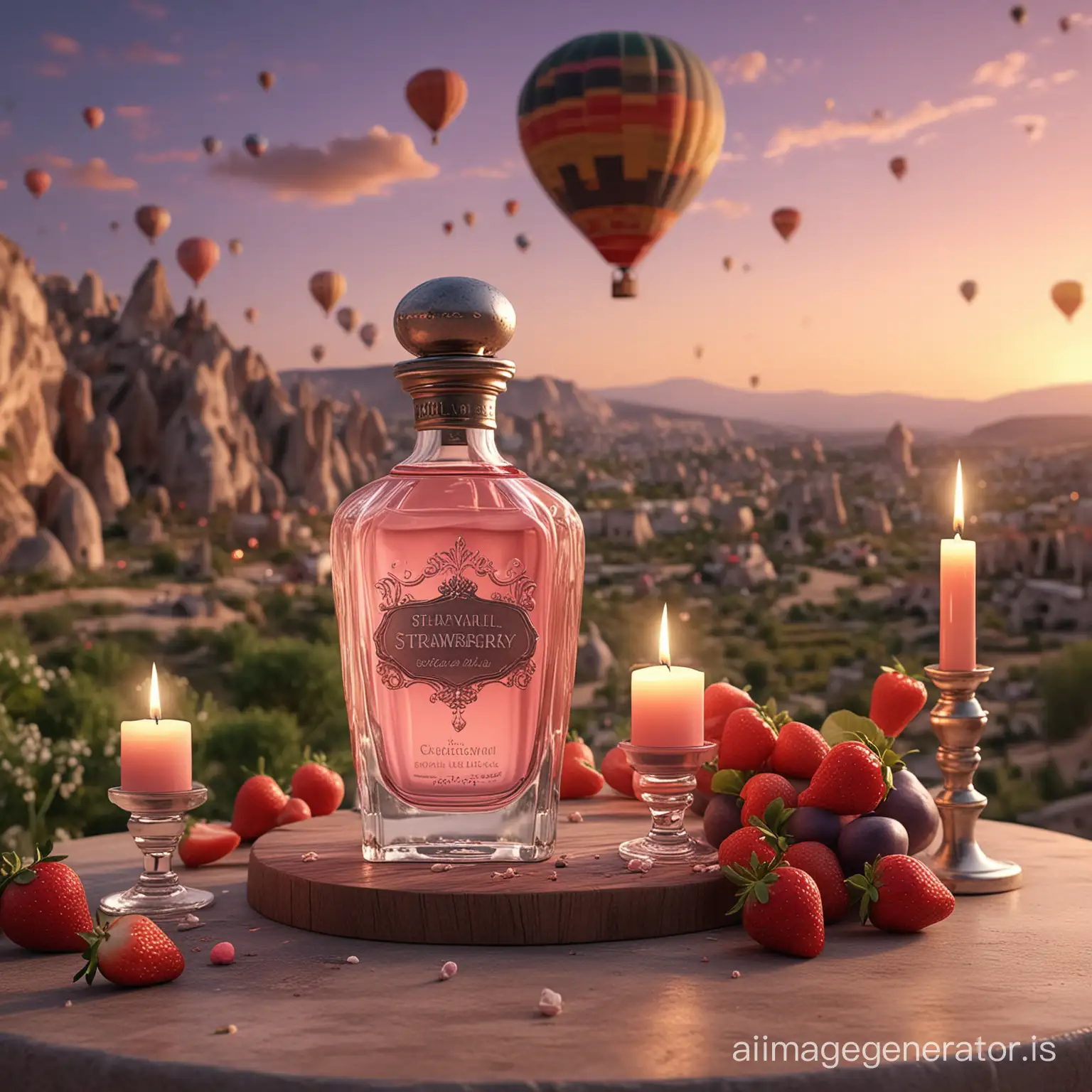 a hyper-realistic 3d rendering very close shot of a perfume product on a table at Cappadocia villas, surrounded by romantic candles, fruits such as strawberry, lime, berry, and patchouli flowers scattered against the backdrop of a Cappadocia green landscape where many hot air balloons are flying and a romantic atmosphere with a purple sky with birds and cloud.