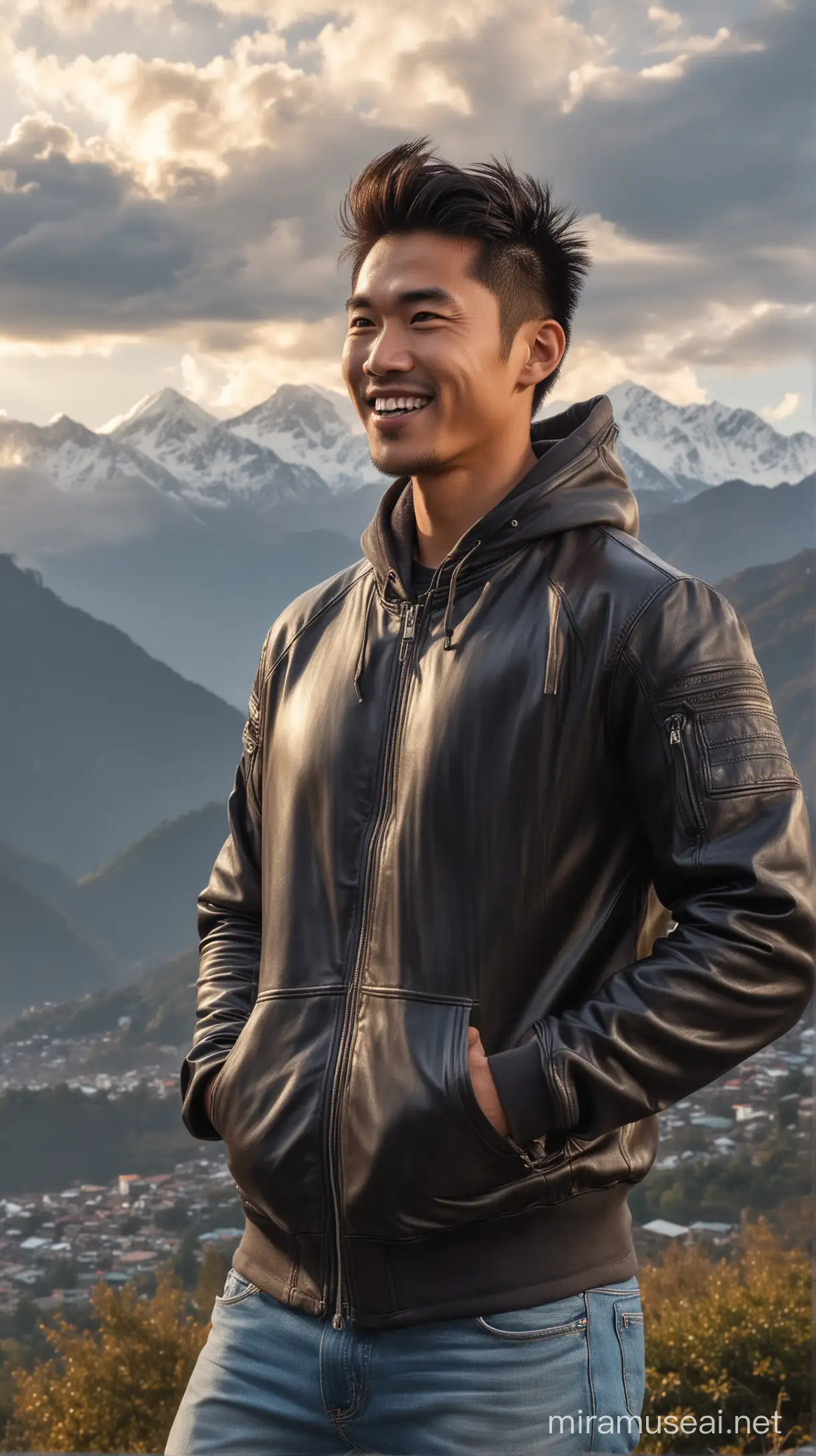 A Muscle handsome asian man smiling, fringe up stylish hair, Wearing leather Jacket hoodie Standing in front of Himalaya Mountain hill, Looking at Sunrising, bright ambient Clouds. Extremelly detailed, 

Downloa