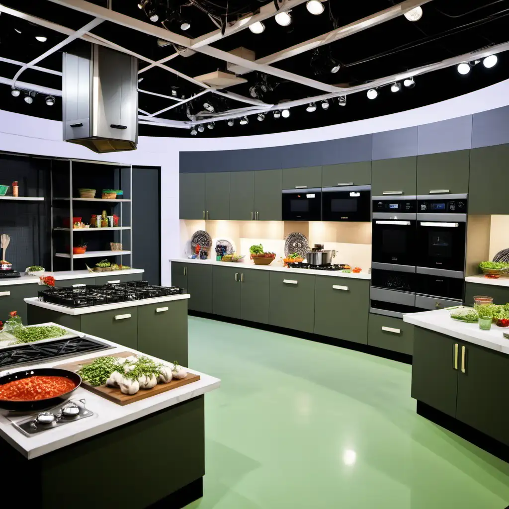 a television studio designed for a cooking show; A large Iranian kitchen, with modern appliances