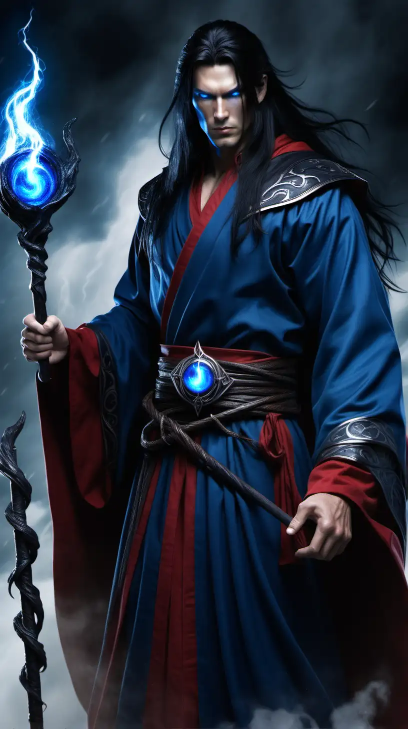 A male human storm sorcerer with long black hair, bright blue eyes, wearing dark blue and red robes carrying a black staff with a blue stone set atop it.