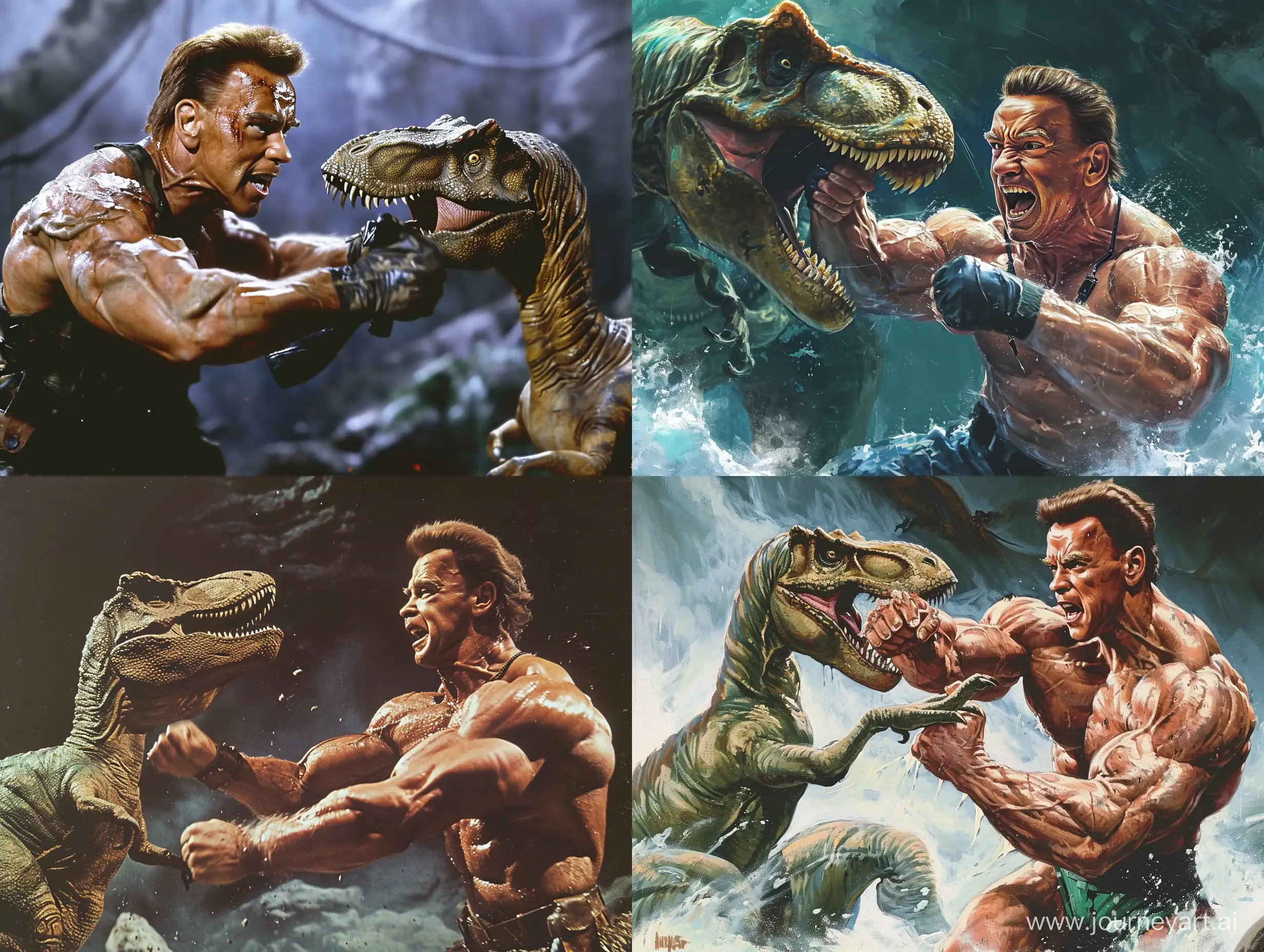 Arnold Schwarzenegger Fighting with Dinosaur