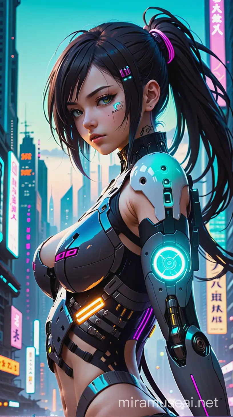 Futuristic Cyberpunk Anime Girl with Cybernetic Enhancements in Urban Cityscape