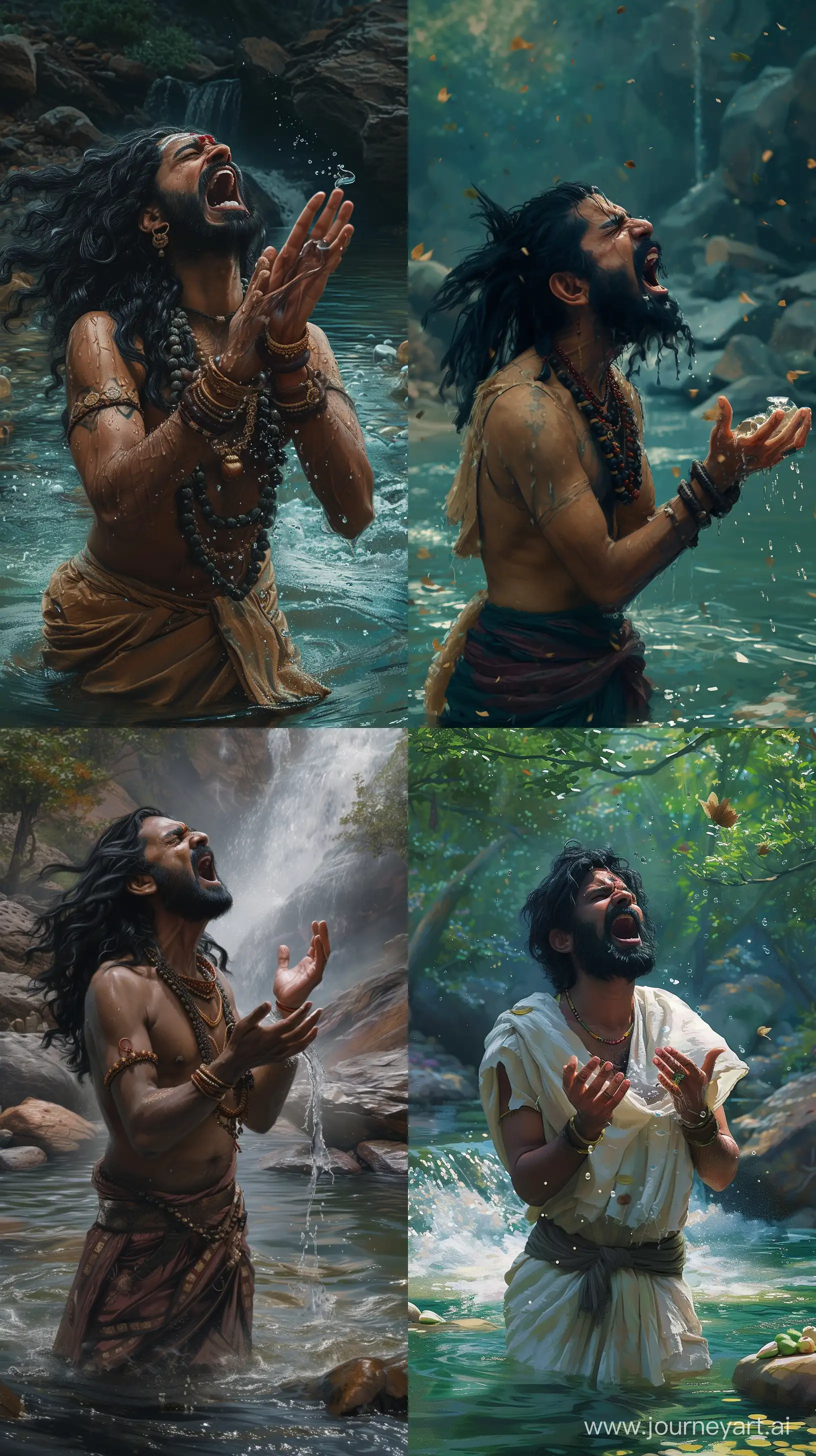 Realistic digital painting of a young Indian sage in his thirties, black-haired and bearded, standing in a serene river holding a little water in his palm, looking at the sky, yelling and crying, intricate details, vivid colors, 8k --ar 9:16
