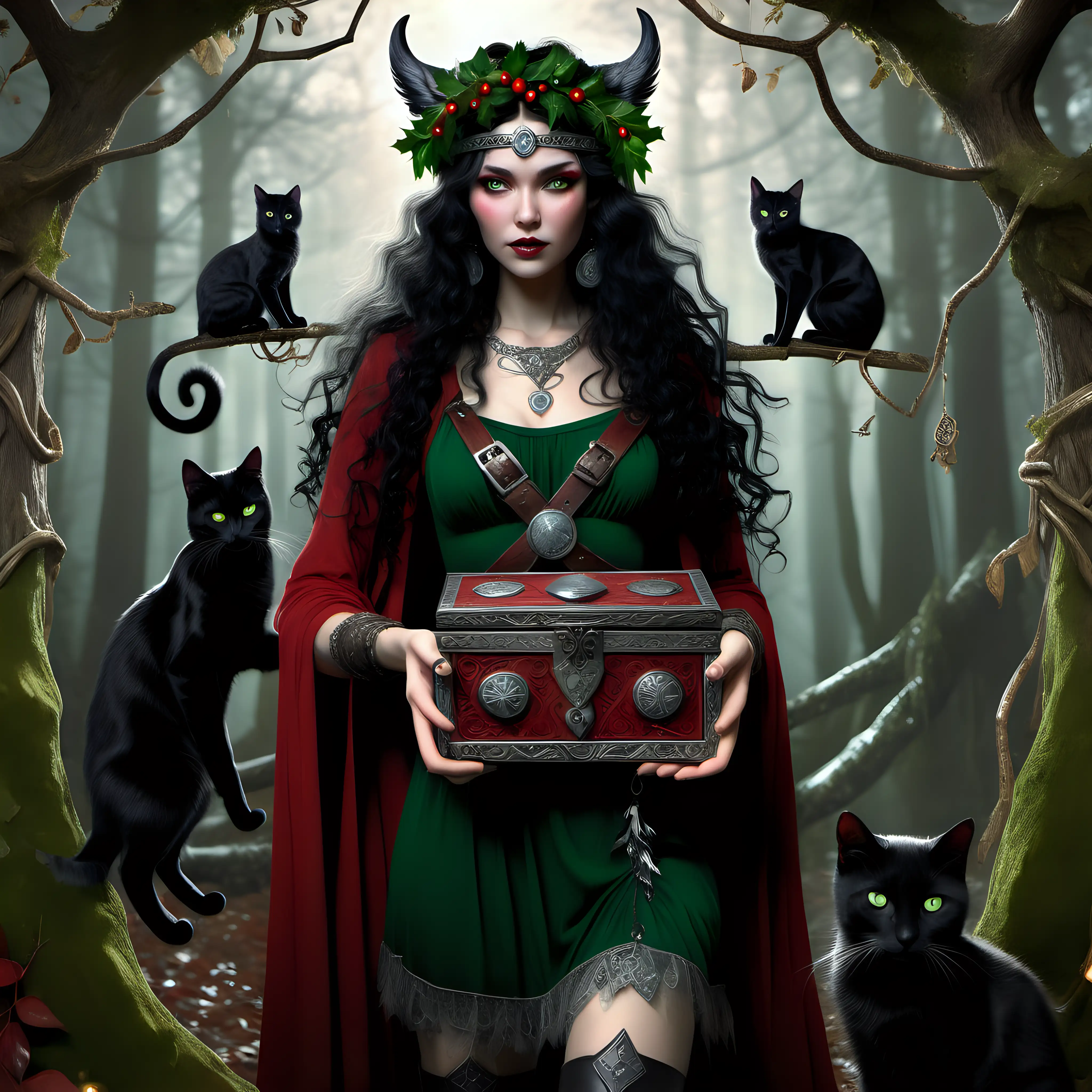Norse Pagan Woman in Ancient Forest with Mystical Wooden Box and Black Cats