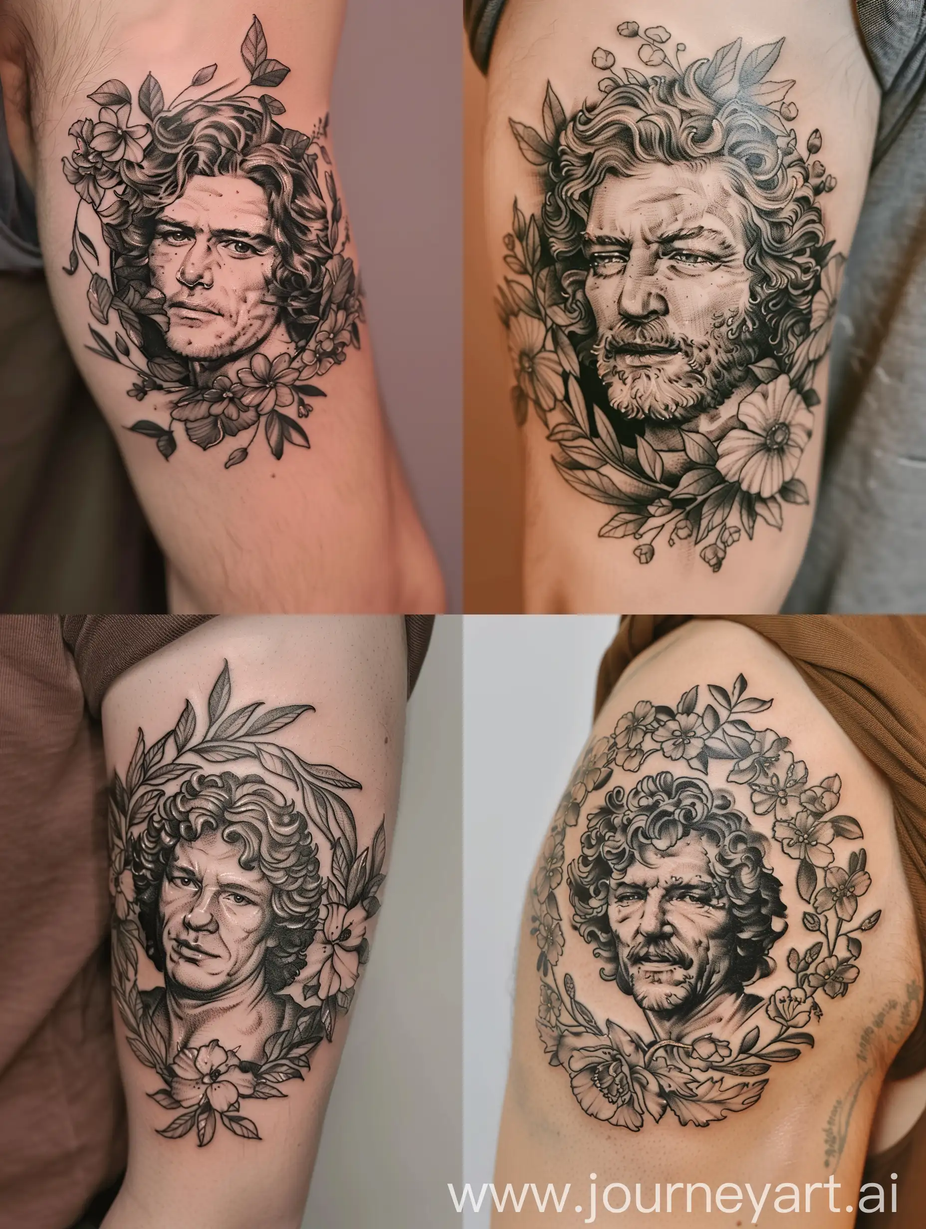 A realistic portrait of Robert Plant, the lead singer of Led Zeppelin, surrounded by a wreath of flowers and leaves. The tattoo is done in black and gray, and the shading is done with intricate details to make the portrait appear lifelike.