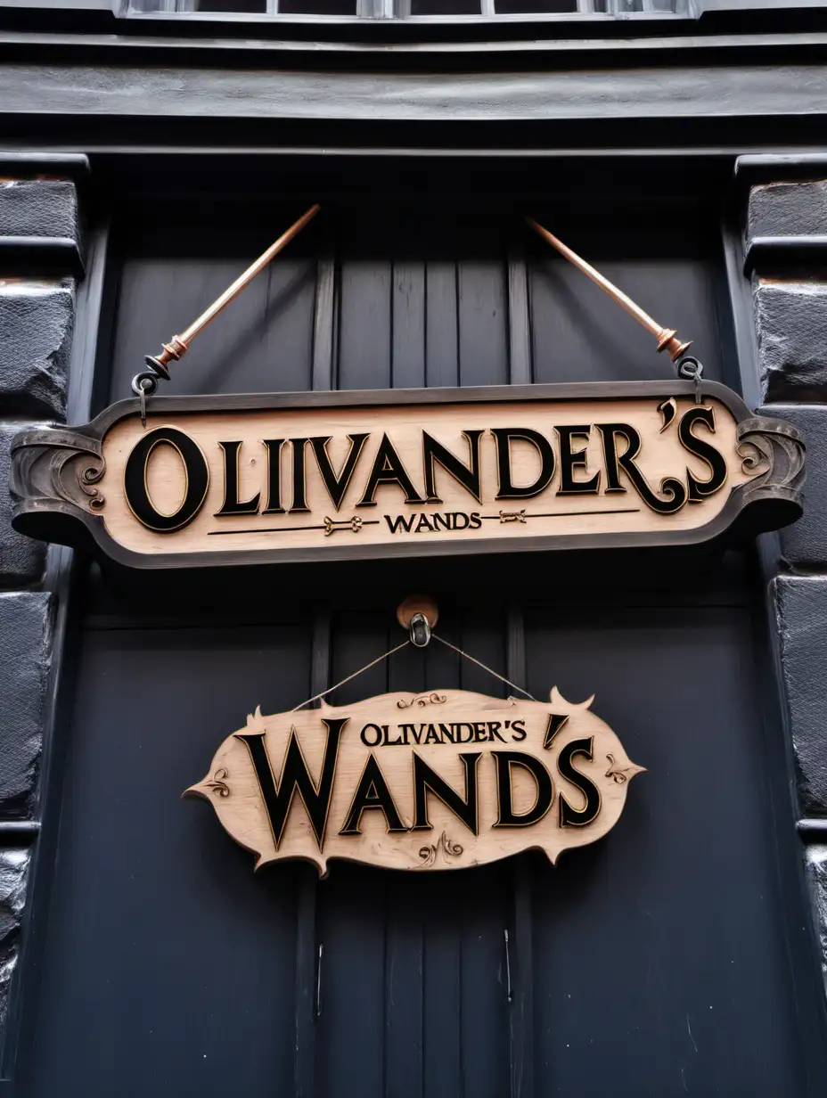 Heavy wooden shop sign for "Olivander's Wands" lolcated in Diagon Alley