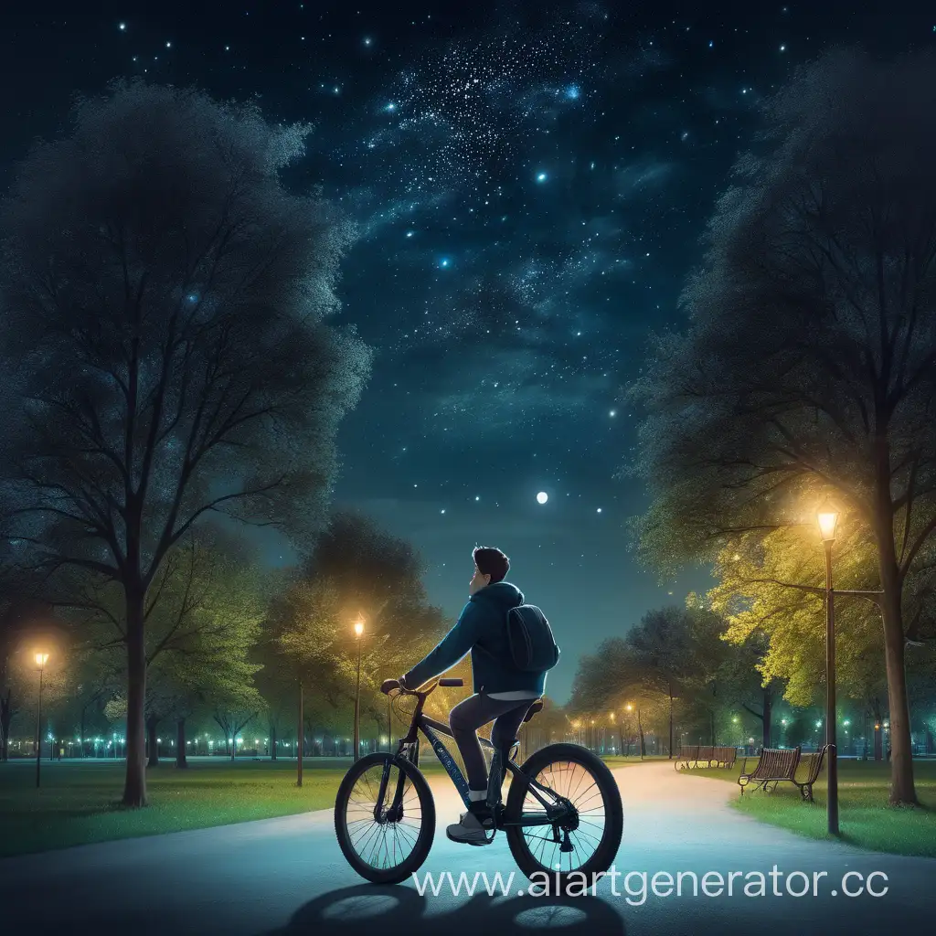 young man pumped rides a bike through the night park and thoughtfully looks at the night sky in May