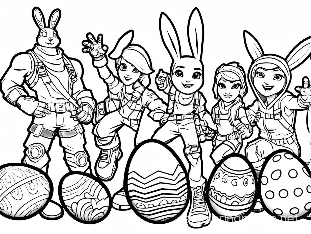 Fortnite characters throwing easter eggs, Coloring Page, black and white, line art, white background, Simplicity, Ample White Space. The background of the coloring page is plain white to make it easy for young children to color within the lines. The outlines of all the subjects are easy to distinguish, making it simple for kids to color without too much difficulty