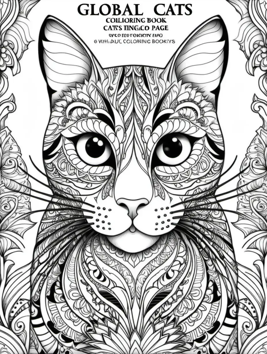 Generate front cover page for an adult coloring book entitled "Global Cats: Adult Coloring Book Pages" which features intricate and sophisticated black and white drawings of domestic cats from different countries. Leave space for the title to be added to the page.