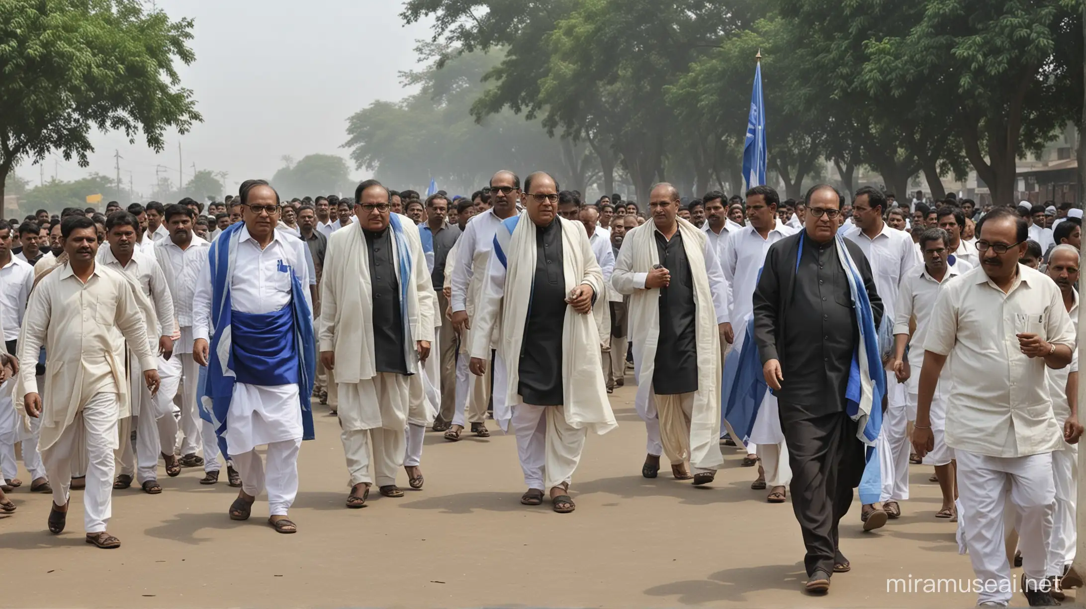 Dr Babasaheb Bhimrao Ambedkar Leading with Blue Flag Under Open Sky