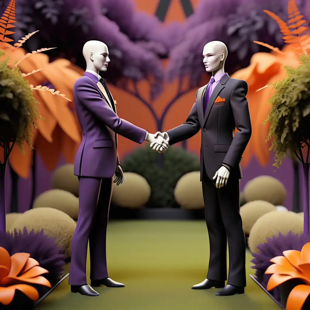 artistic graphic showing 2 realistic malemannequins wearing suites  shaking hands in a garden
purple orange and black background