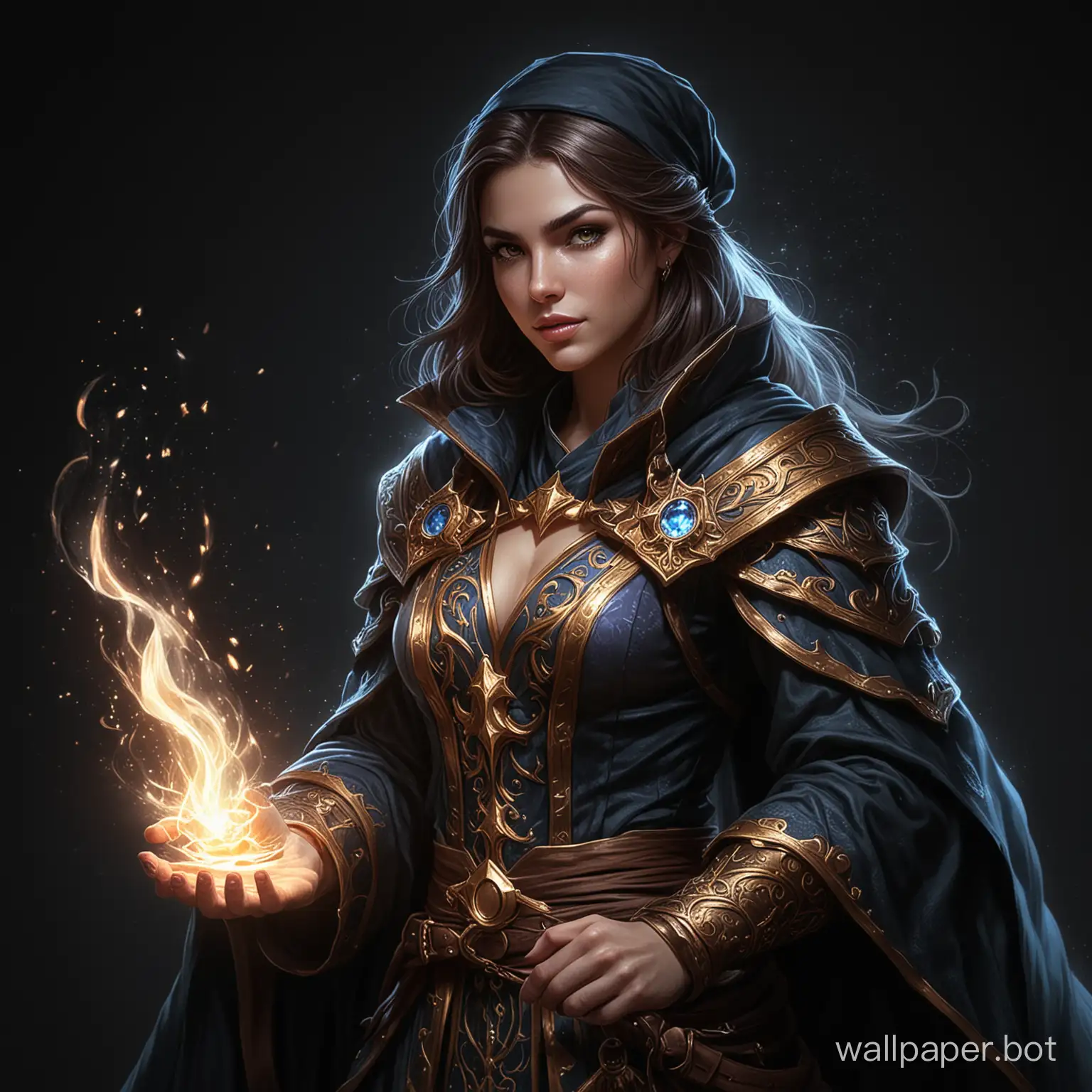 Draw a fantasy mage who shines brightly on a black background.