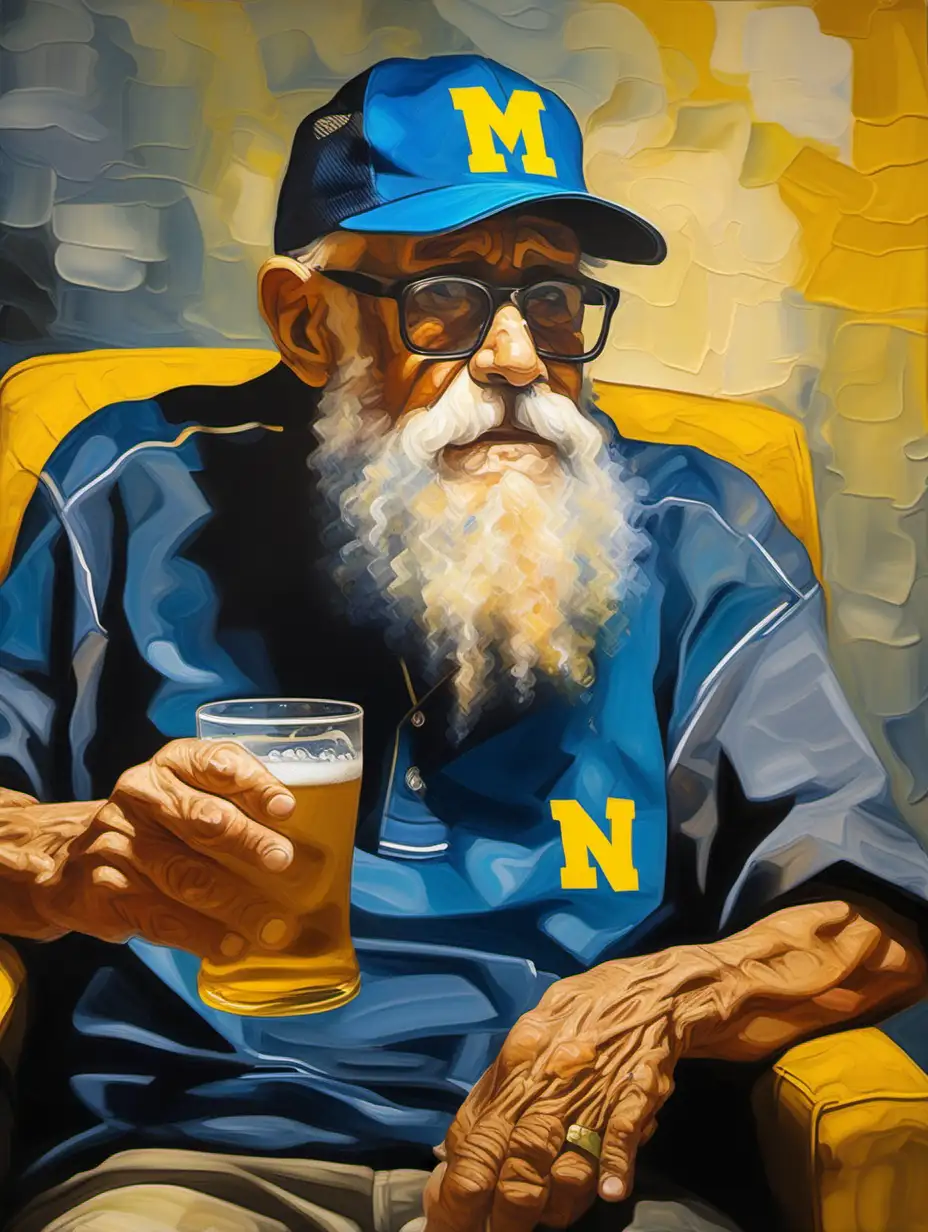 Oil Painting Abstract portrait, Old man with a beard wearing a baseball hat and thick glasses, sitting in a chair with a beer, Maize and Blue color pallet  