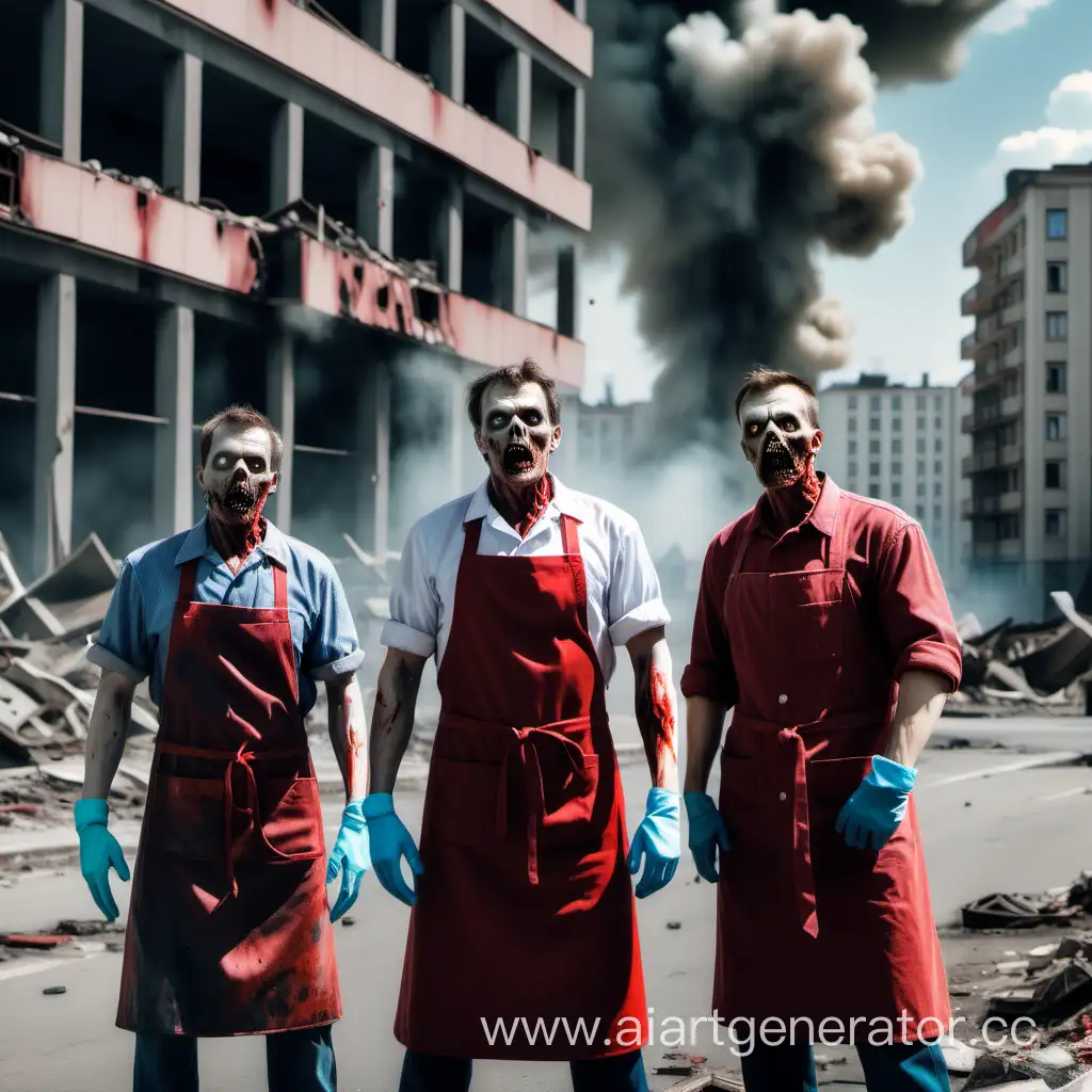 Зомби в форме советского рабочего в фартуке, перчатках на летней улице с многоэтажными домами и взорванным танком