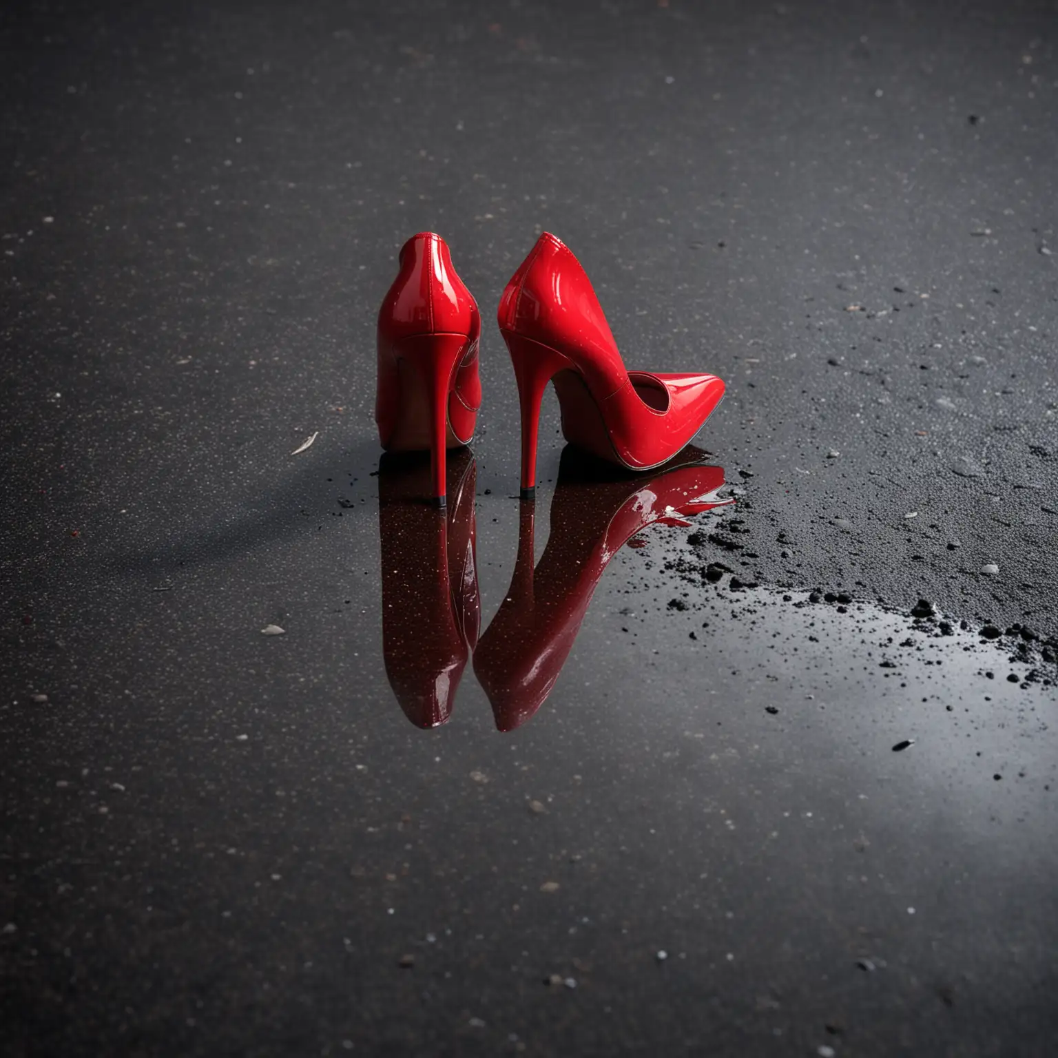 un charco y el reflejo de un zapato de tacón rojo suelto sobre un fondo oscuro