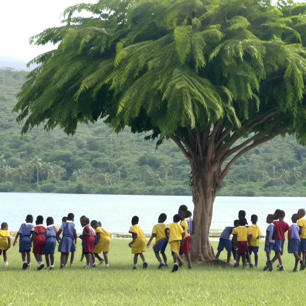 Light skinned primary school children in Jamaica stooping behind trees far from a lake in an open field and looking at it.