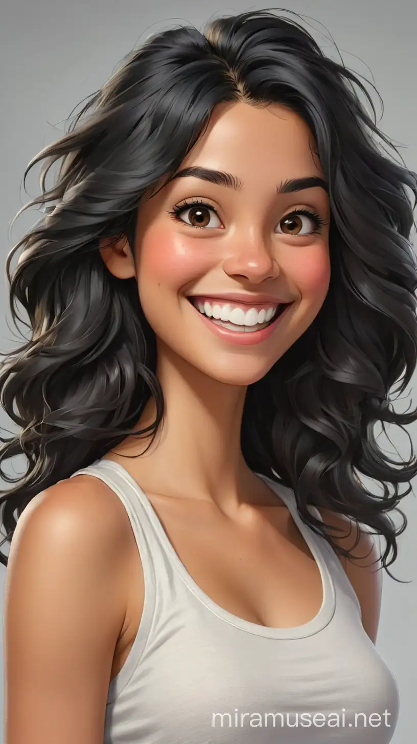 Caricature of a dimpled young woman, long black hair, wearing a white tanktop, smiling, gray background