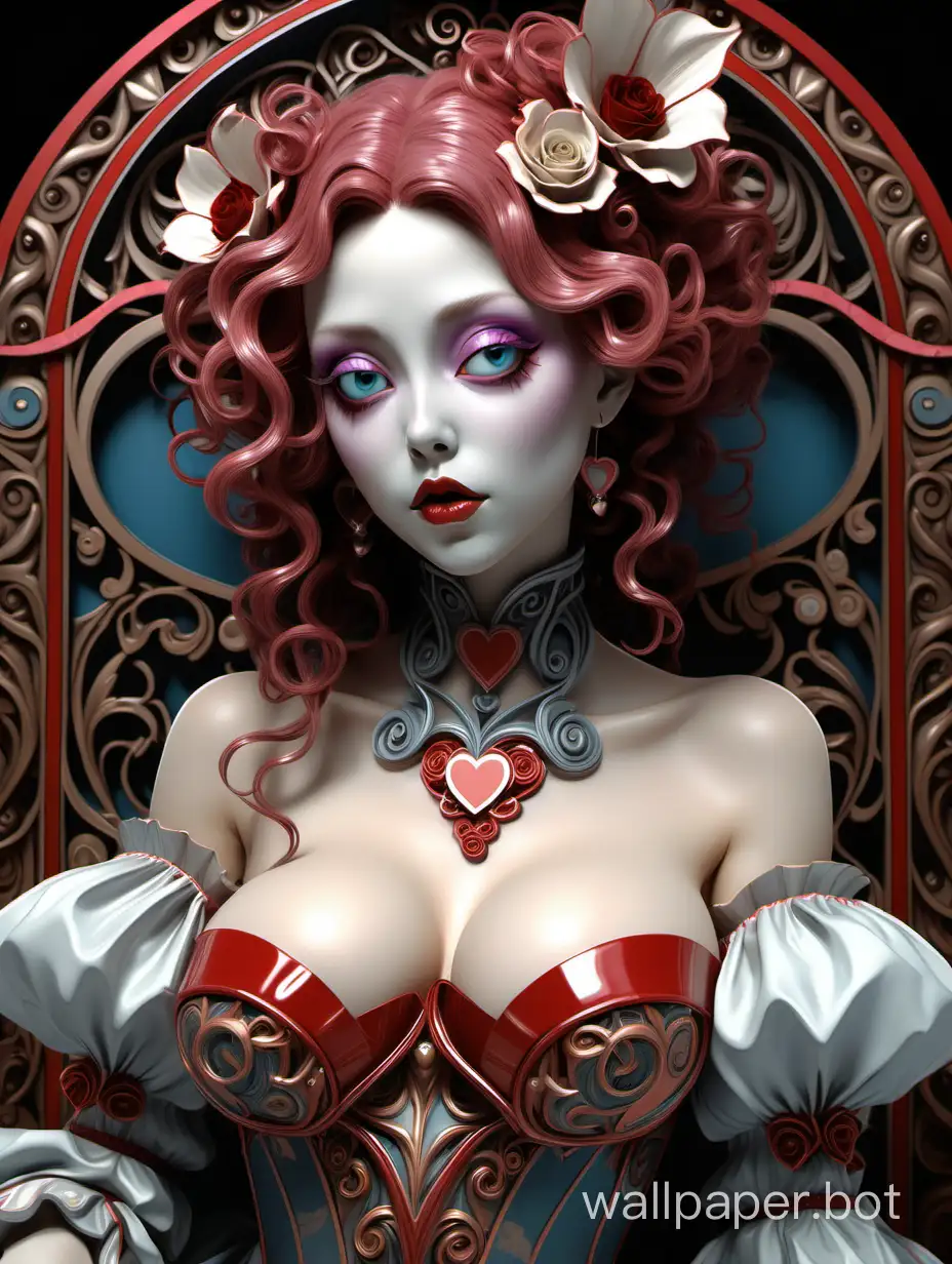 Valentine cleavage style by Tim Burton,(incredibly absurdres, (high resolution:1.18), intricate detail, (masterpiece:1.1), (highest quality:1.1), absurdres, smooth crisp, bold medium) Valentine posing,  reminiscent of Alphonse Mucha and Wlop, trending on Artstation, with elements of niji style, visionary art, raidenshogundef influence, digital painting, enhanced details.