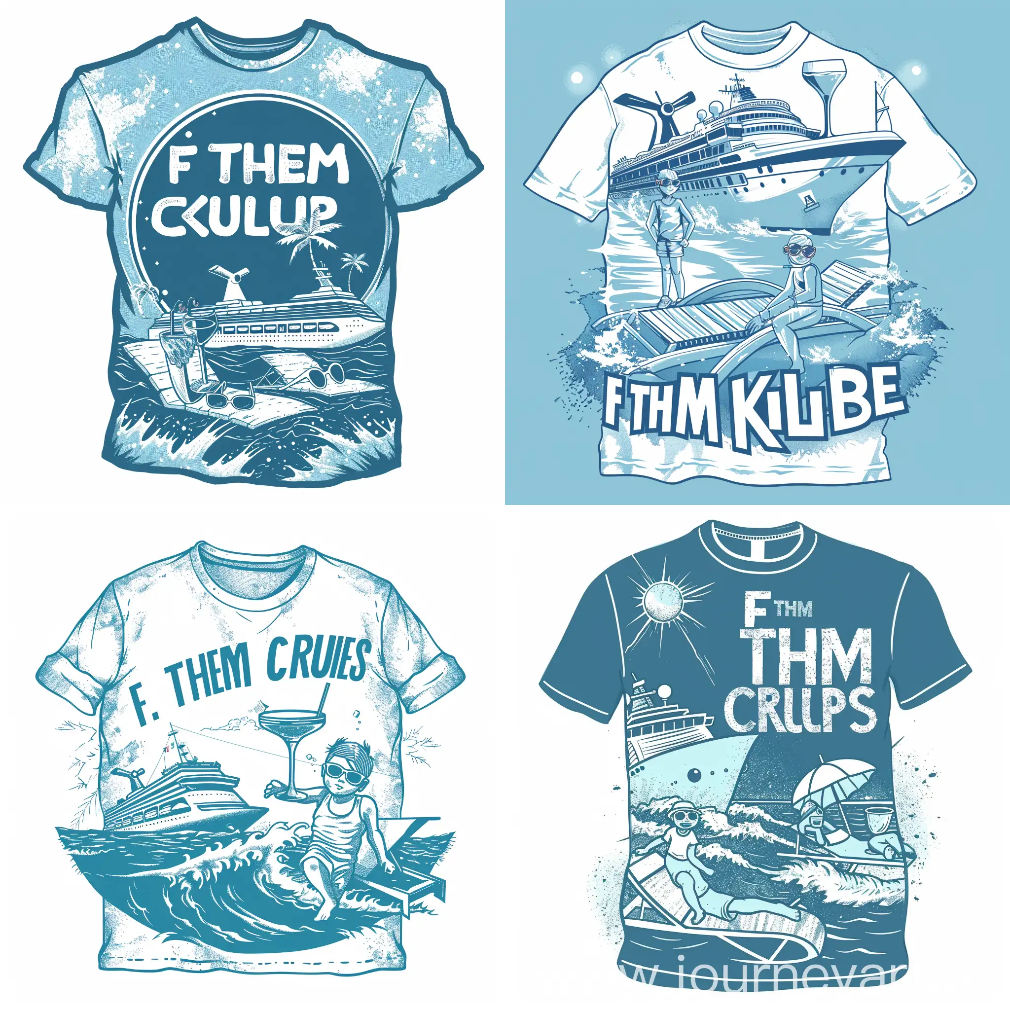 shirt design with playfont, cruise ship, waves, cocktail glass, sun lounger, sunglasses. colors white and blue, text reads "F THEM KIDS CRUISE"