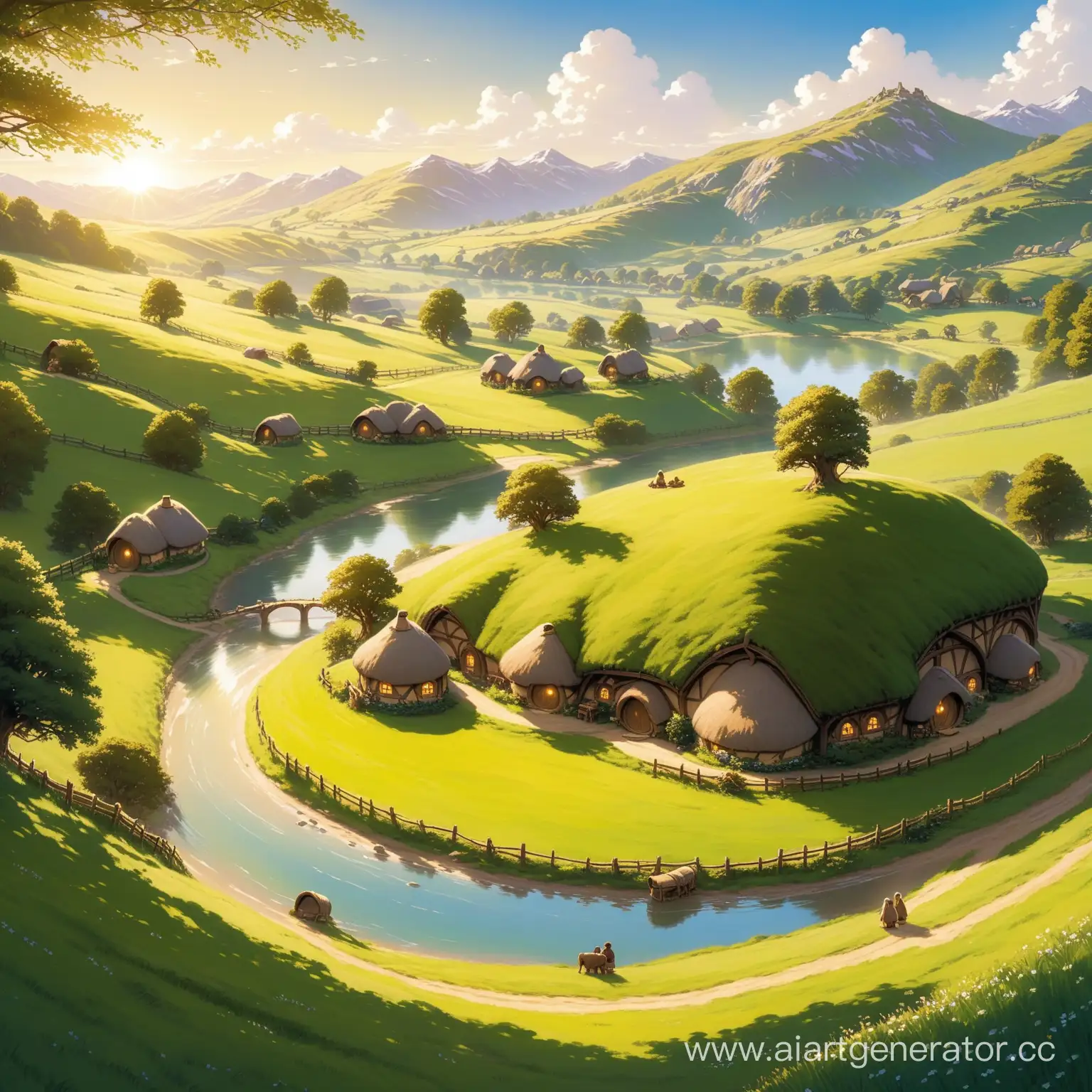 a peacfull landscape of a sunny Shire from Lord of the rings with hobbits doing their daily routines