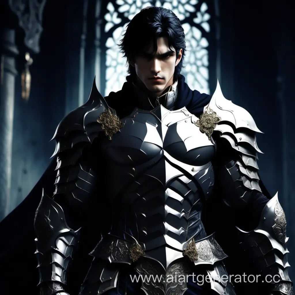 in the style of an old anime, dark knight, light armor, black-haired, pensive, Persian, beautiful men