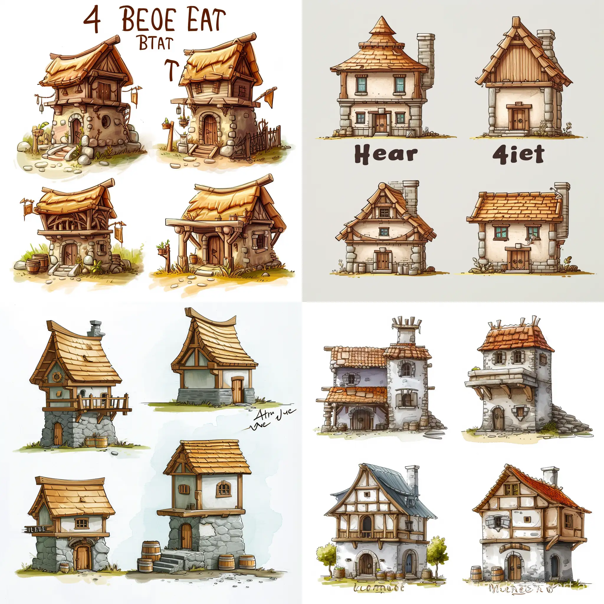 There are 4 options for improving buildings for the game from the first to the 4th level in order of increasing levels. show the development from the simplest to the most complex building. draw in the same hand paint style