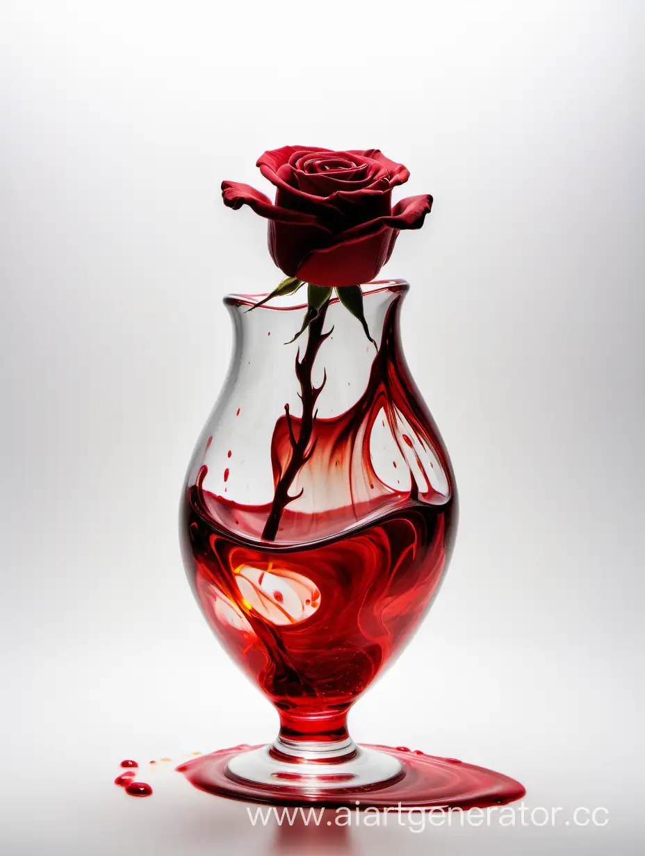 прозрачная стеклянная ваза на белом  фоне с красной жидкостью которая стекает с нее с горящей розой внутри 