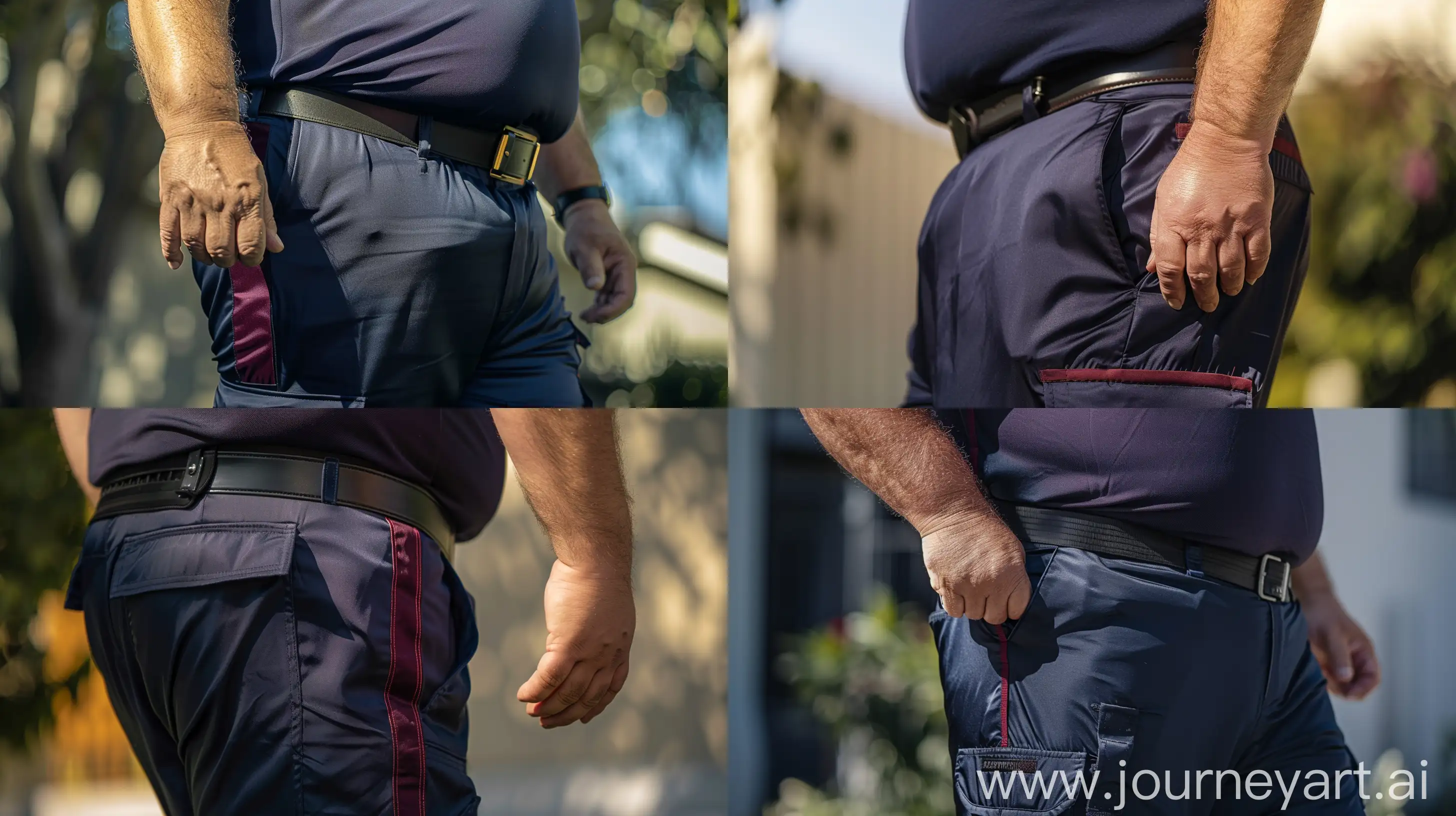 Close-up photo of a fat man aged 60 wearing silk navy blue cargo pants. Vertical burgundy thin stripe on side of the legs. Tucked in silk navy sport polo shirt. Big black tactical belt. Running. Natural light. --ar 16:9