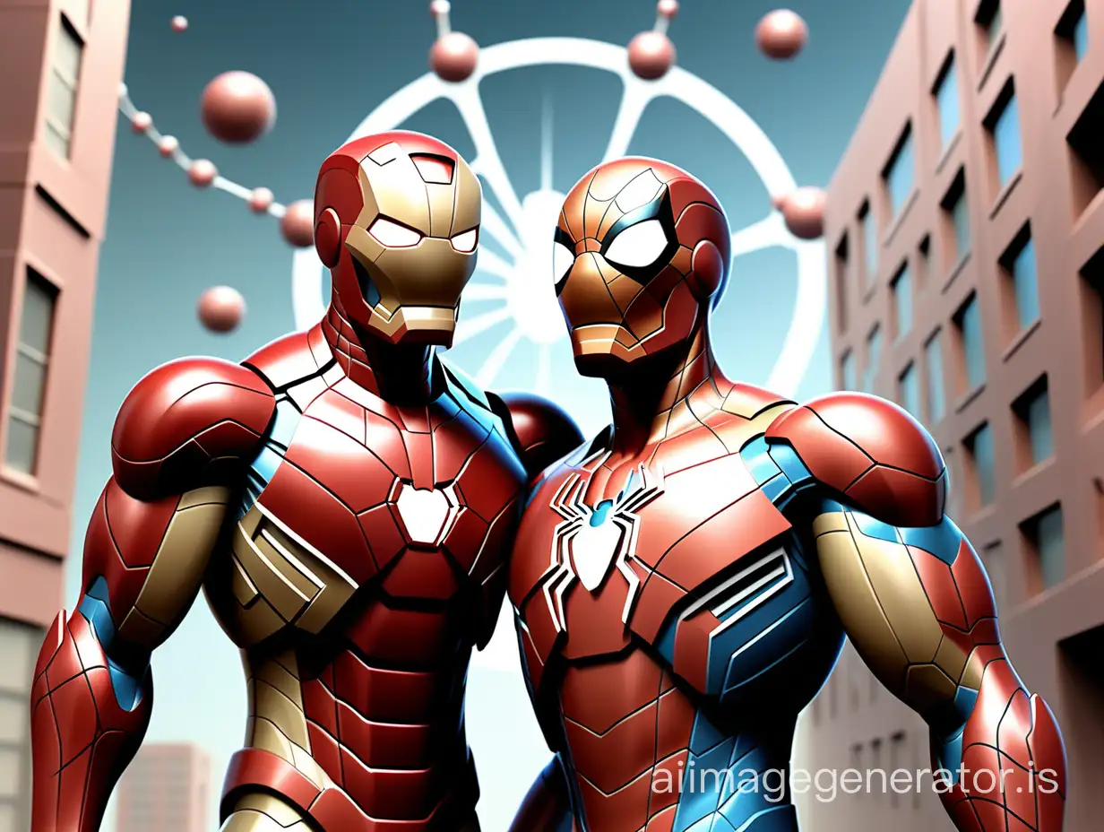 Theme: In this image, created by artificial intelligence, the central theme revolves around dynamics. The main objects in the image are Iron Man and Spider-Man without masks, standing embracing each other. The action takes place in space, creating a natural and serene background for Iron Man and Spider-Man. Setting: The setting is the space where emotions are displayed. Background: The background is subtle, emphasizing the emotional connection between the characters rather than external elements. Background: In the background, there is an unknown planet on which Iron Man and Spider-Man stand, emphasizing the casual outdoor atmosphere. Style/Coloring: The image is executed in warm and soft tones.