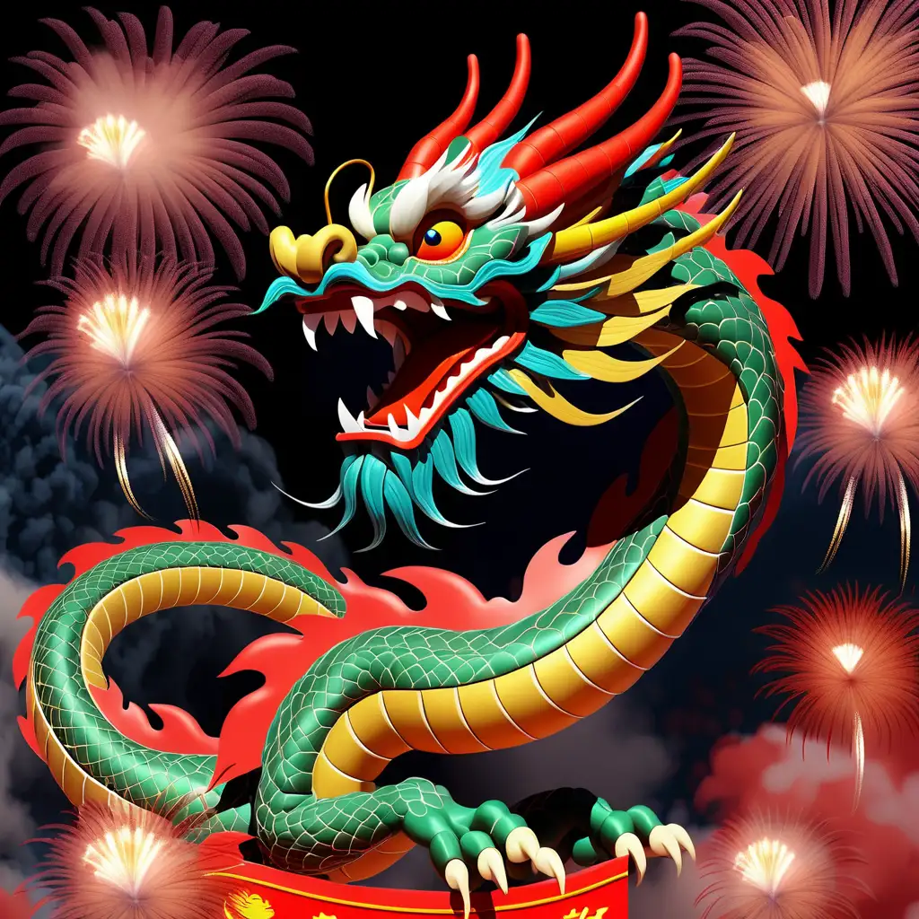 Majestic Chinese Dragon Soaring Amidst Vibrant Fireworks Display