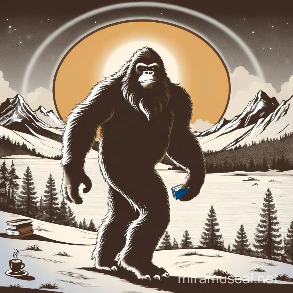 make bigfoot holding a blue book and a coffee , make it a simple drawing
