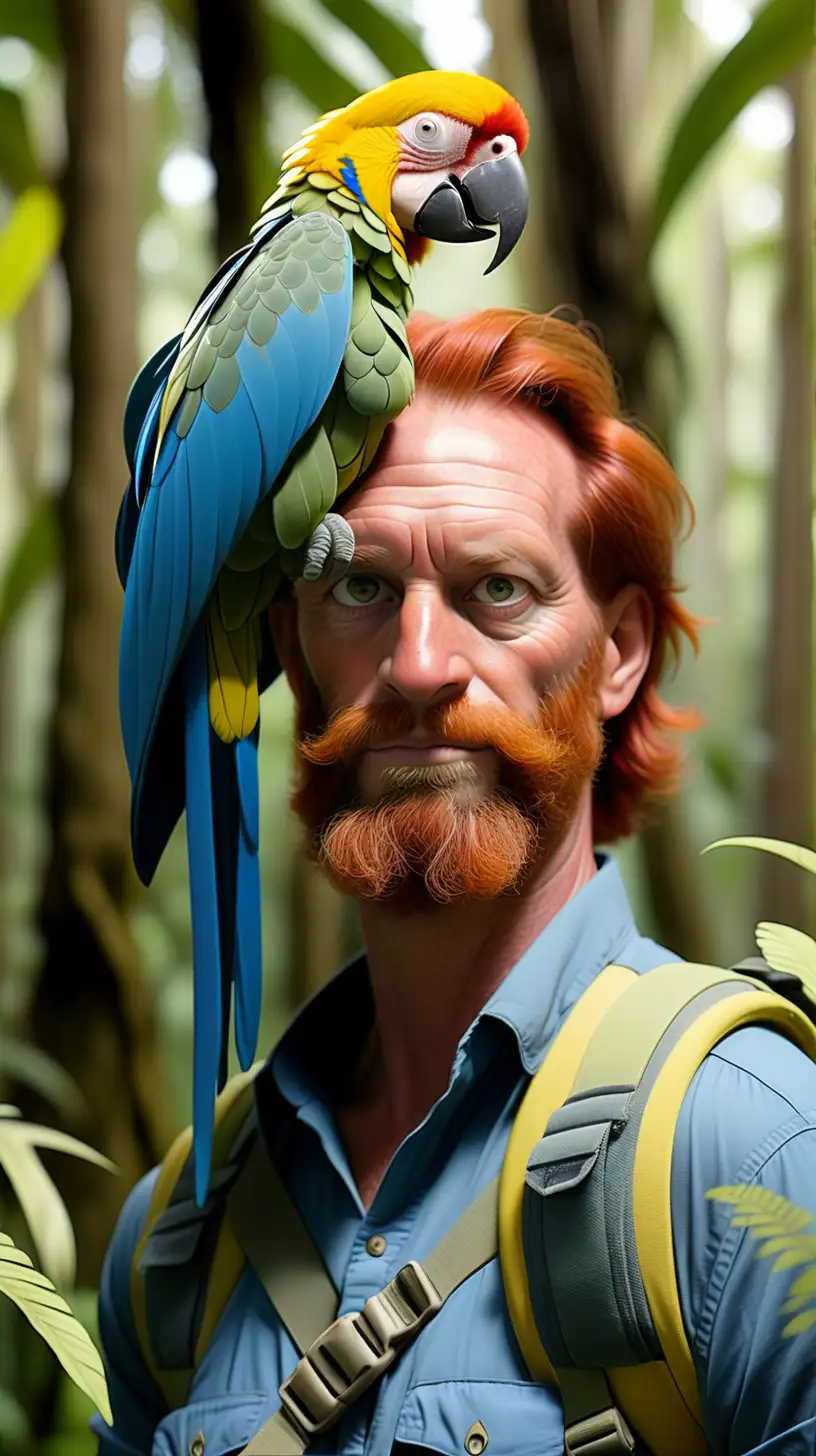 middle aged man, brown-red hair and beard, adventurous and fit amongst nature elements in the middle of the amazon forest with a yellow blue arara /macaw on his shoulder